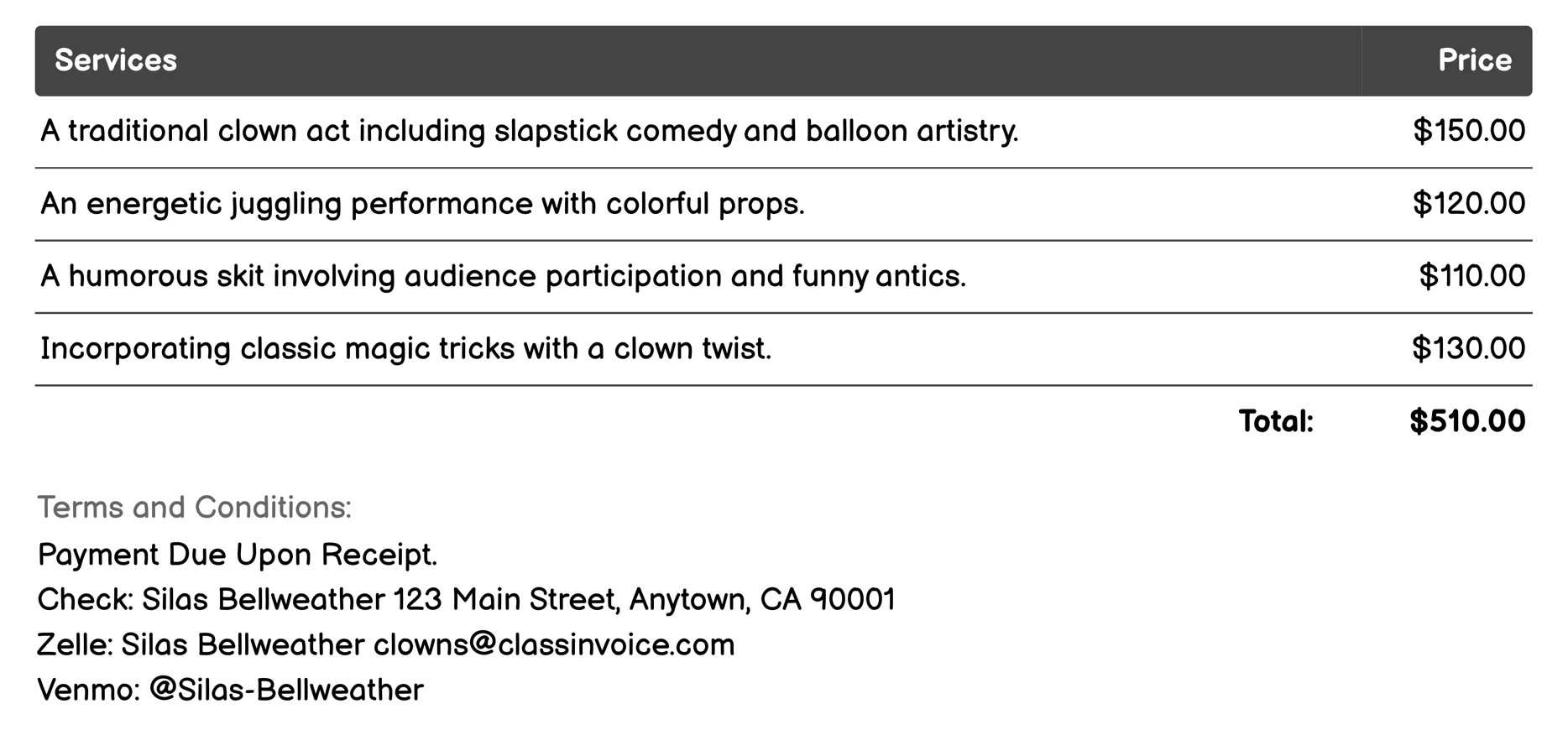 Festival Clown Performers Invoice Example