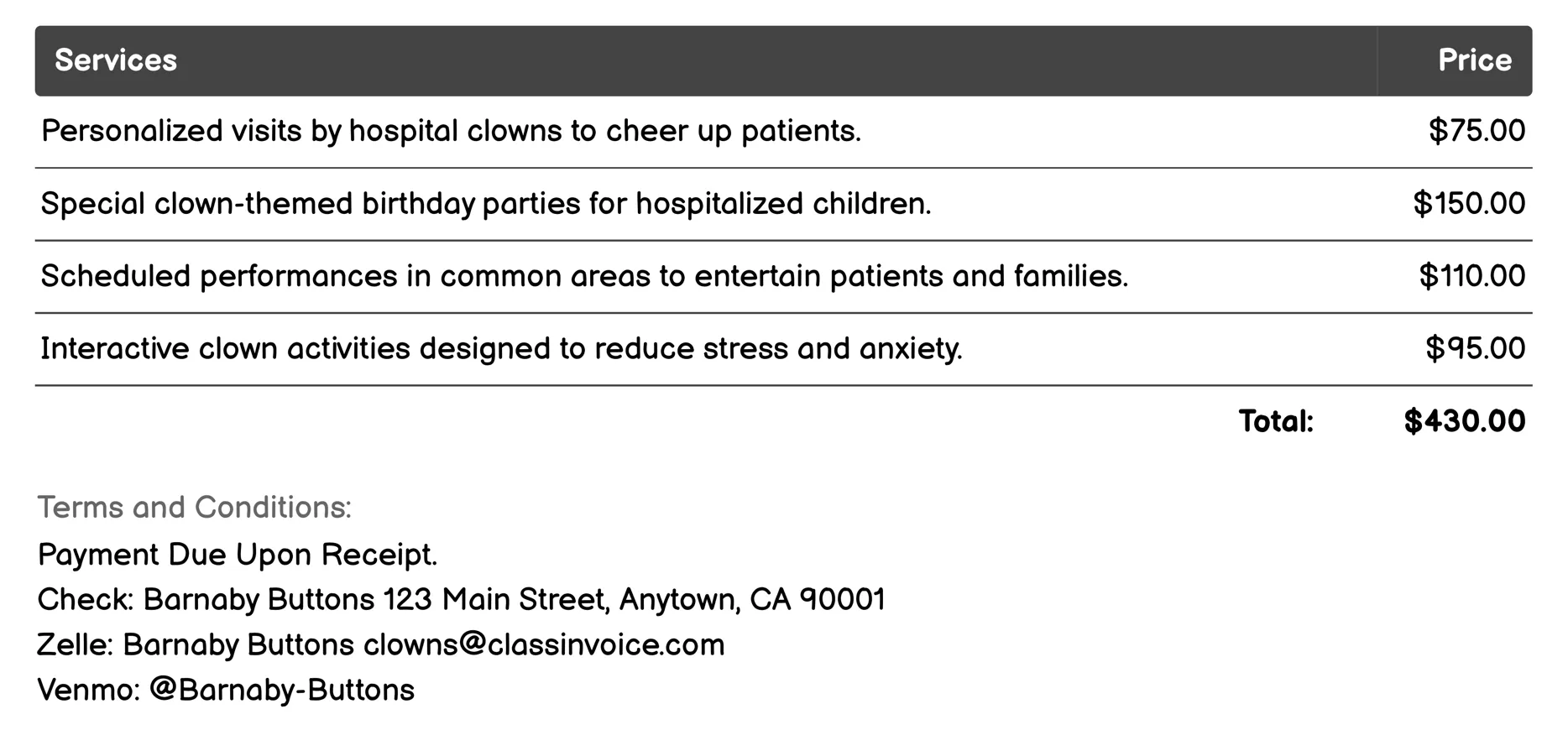 Hospital Clown Services Invoice Example