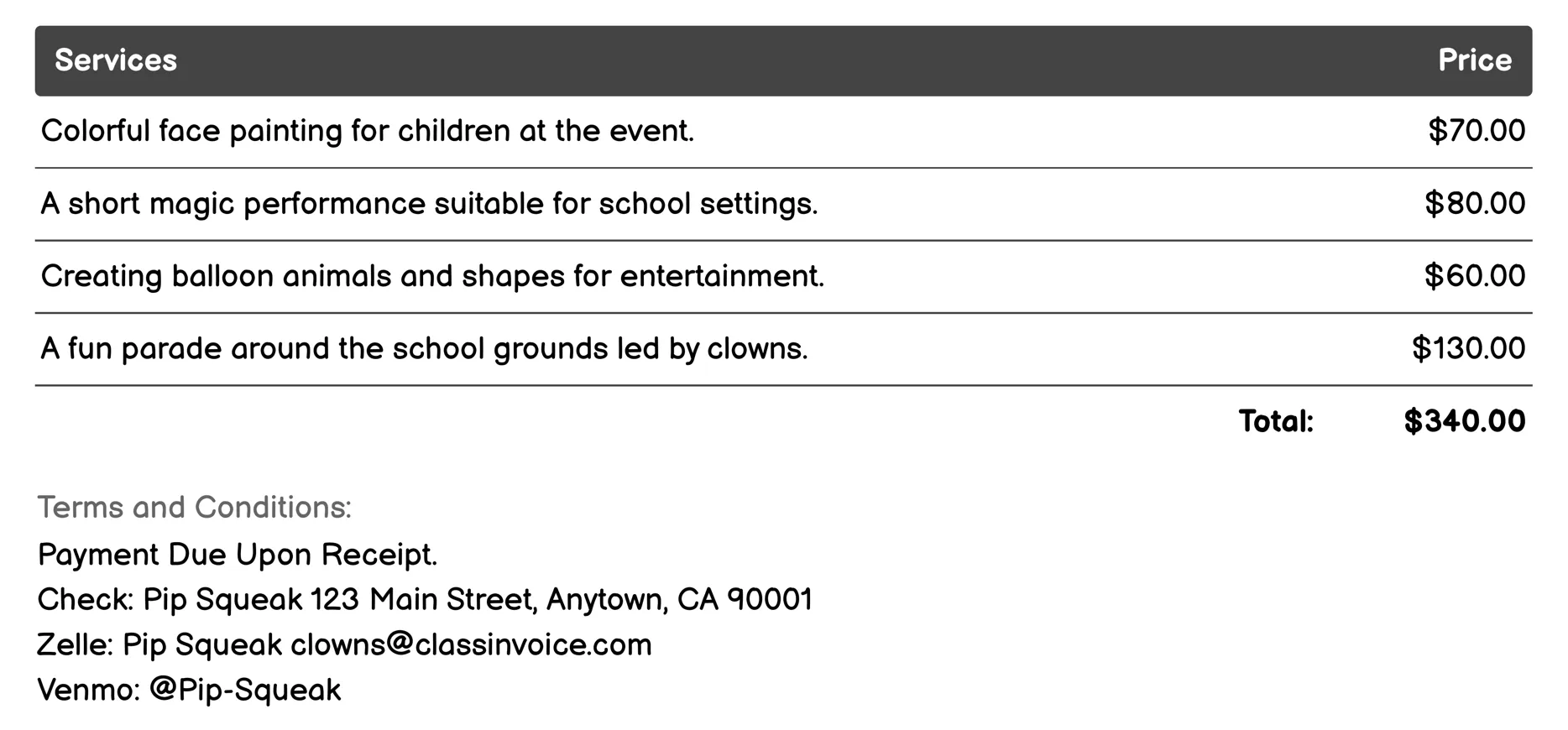 School Event Clowns Invoice Example