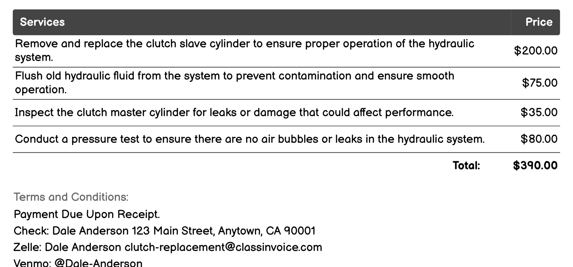 Clutch Slave Cylinder Replacement Invoice Example
