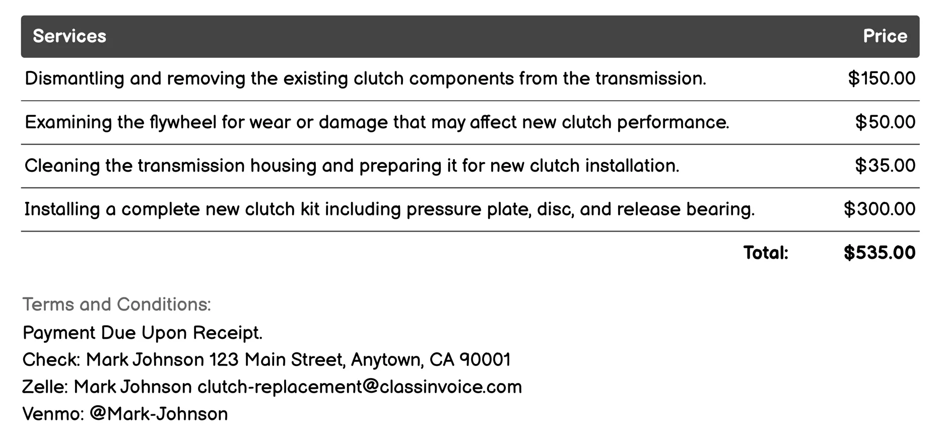 Full Clutch System Overhaul Invoice Example