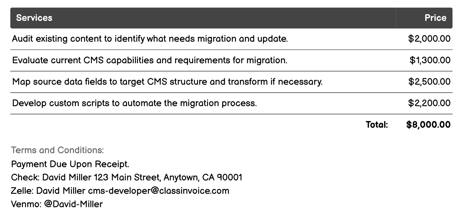 Content Migration Services Invoice Example