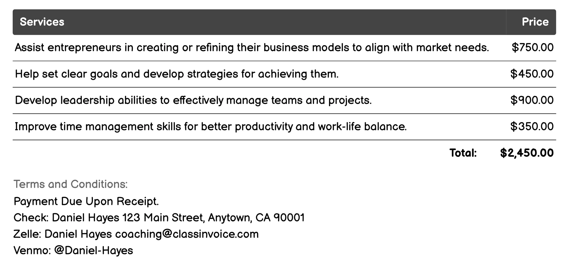 Entrepreneurial Coaching Invoice Example