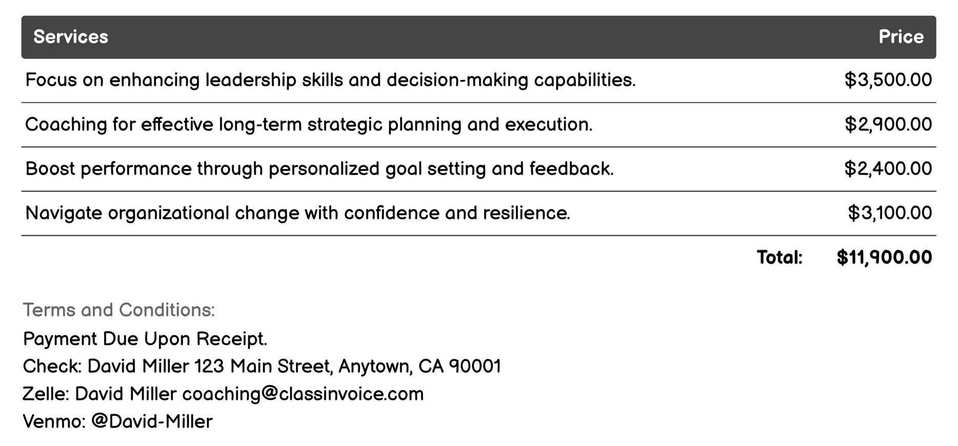 Executive Coaching Invoice Example