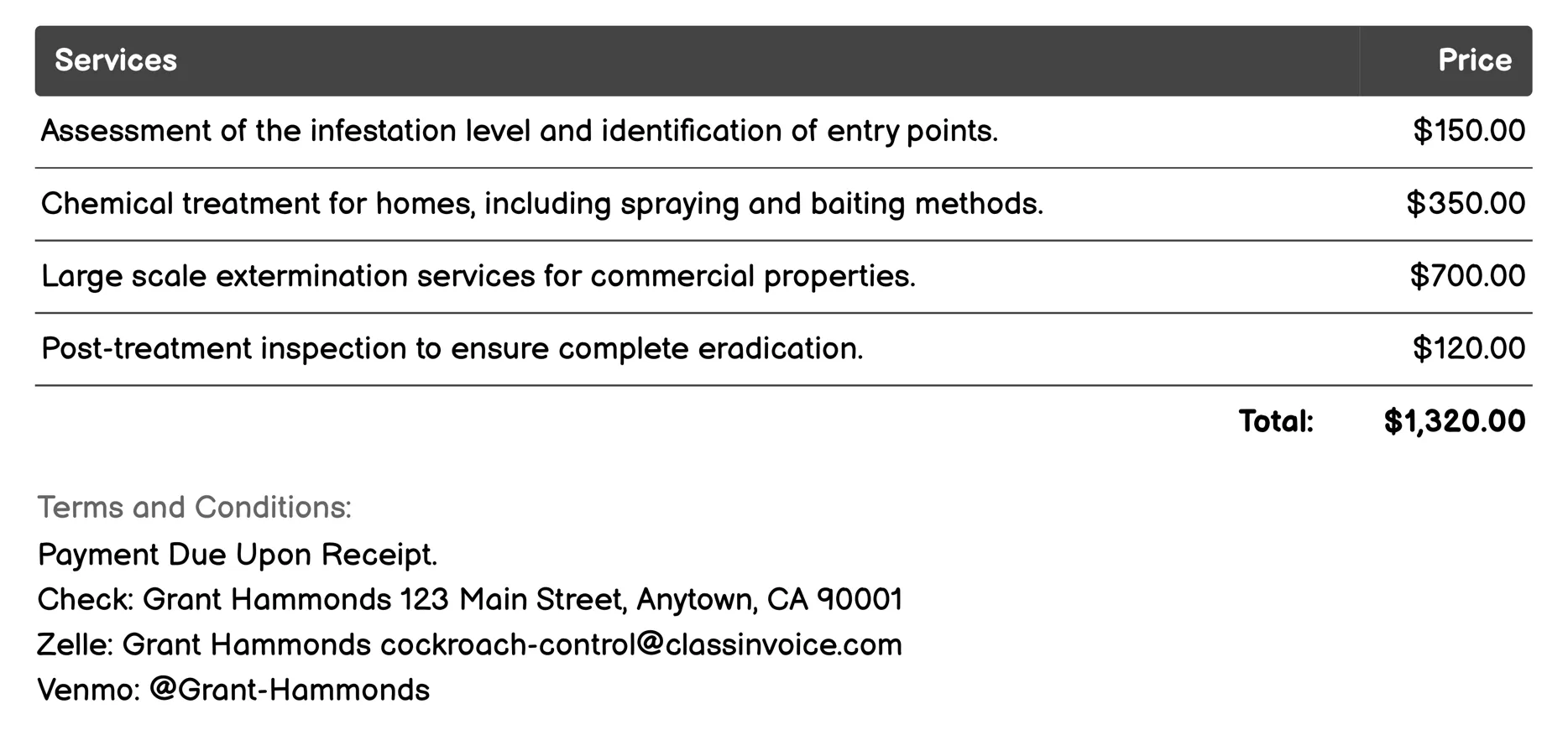 Extermination Invoice Example