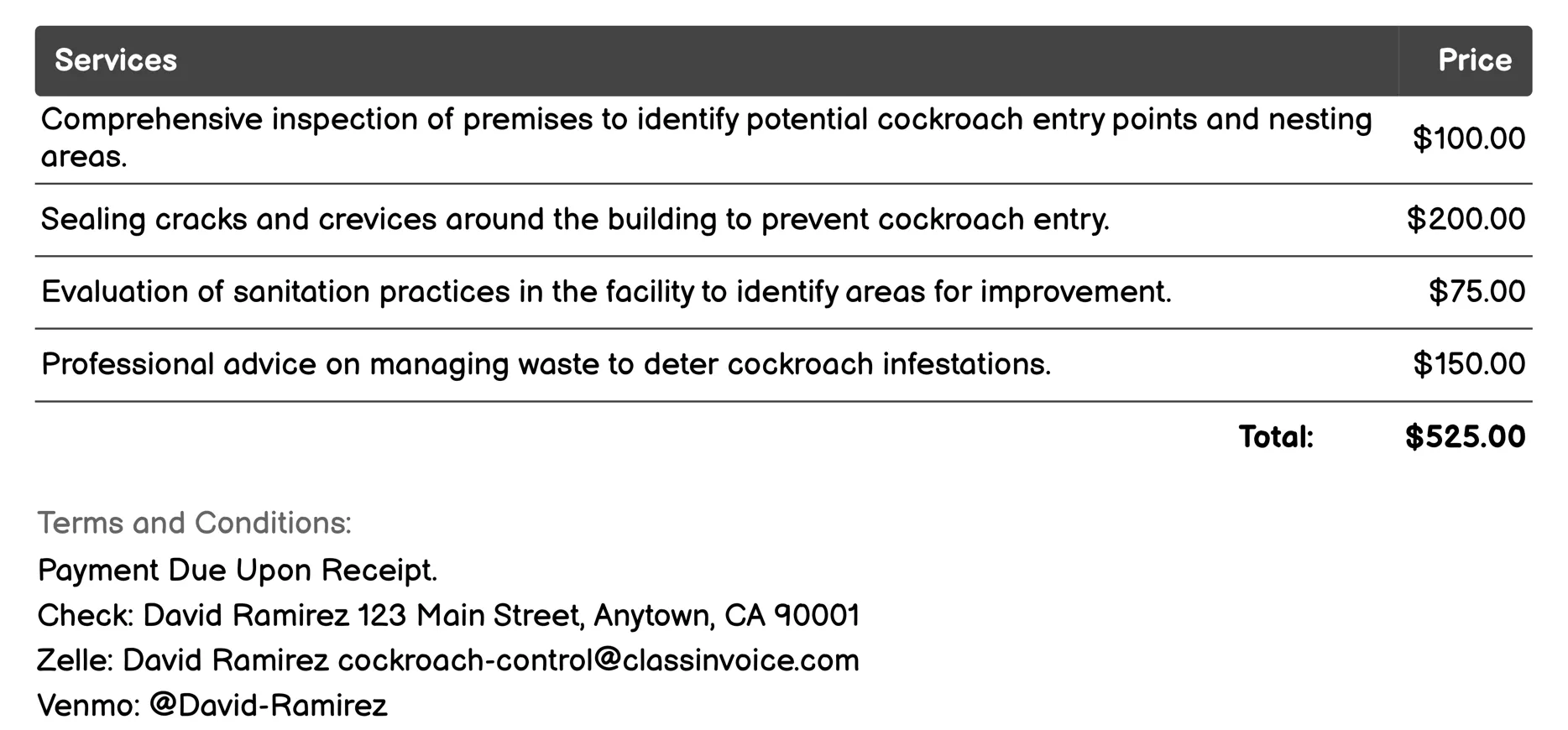 Prevention Services Invoice Example