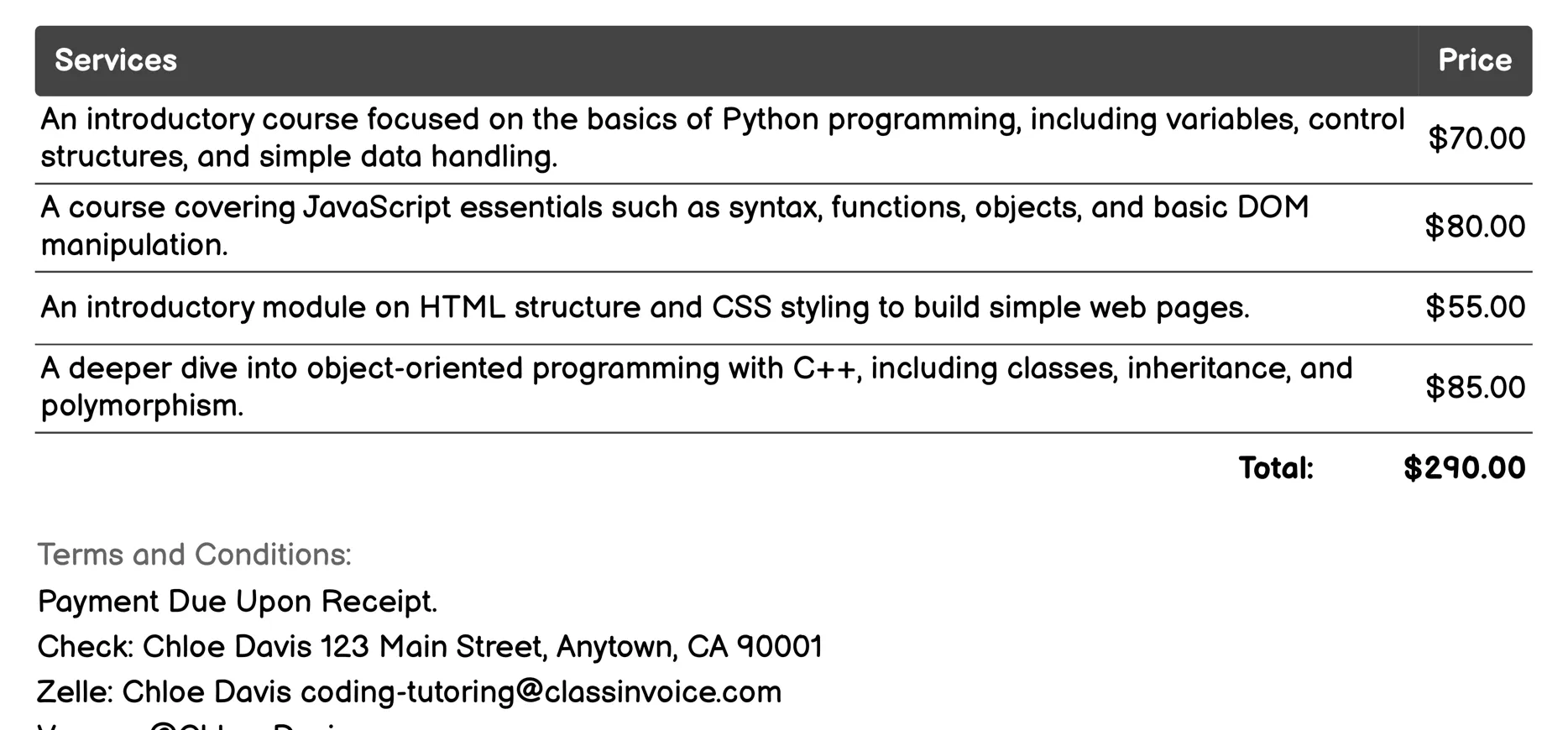 After-School Coding Programs Invoice Example