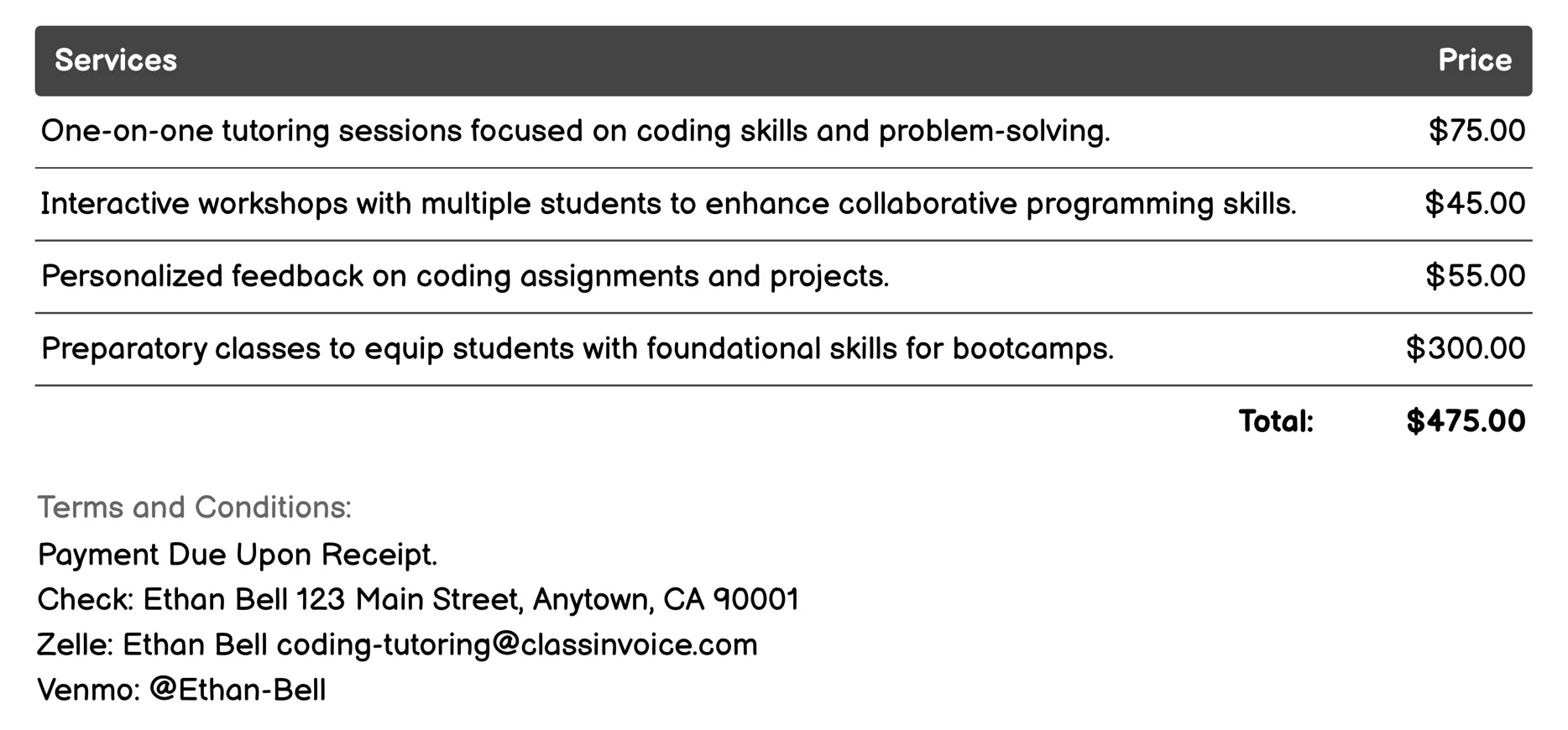 Coding Bootcamps Invoice Example