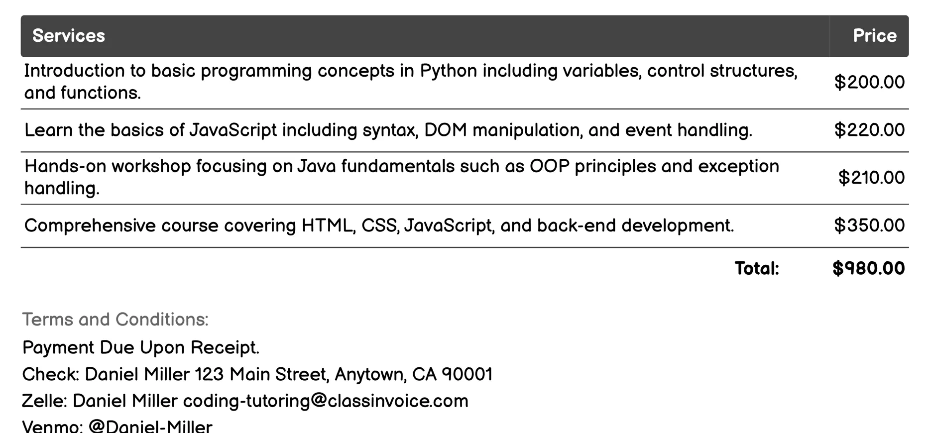In-Person Coding Lessons Invoice Example