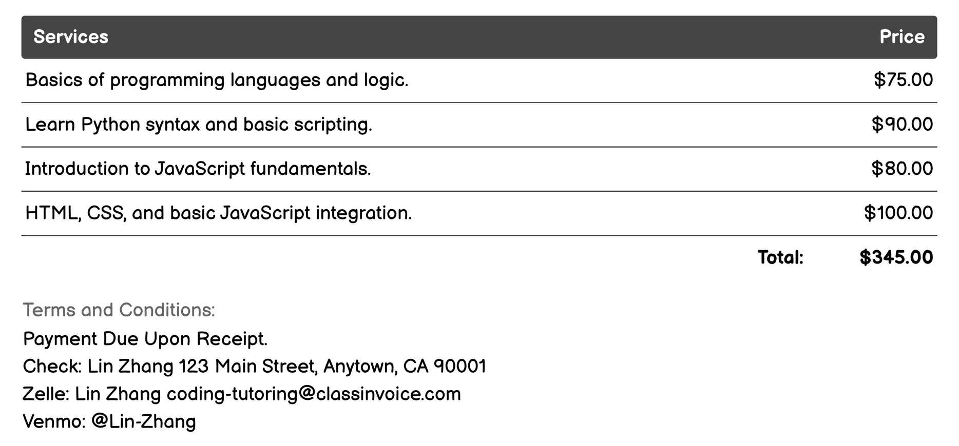 One-on-One Tutoring Sessions Invoice Example