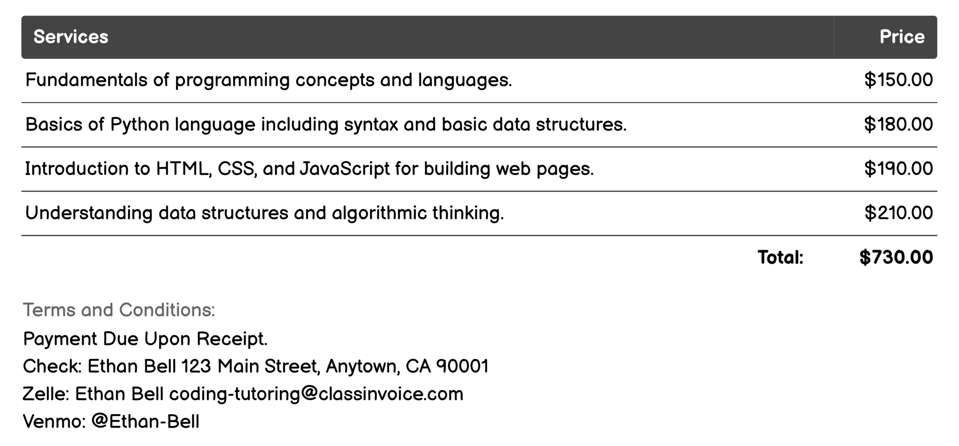 Online Programming Courses Invoice Example