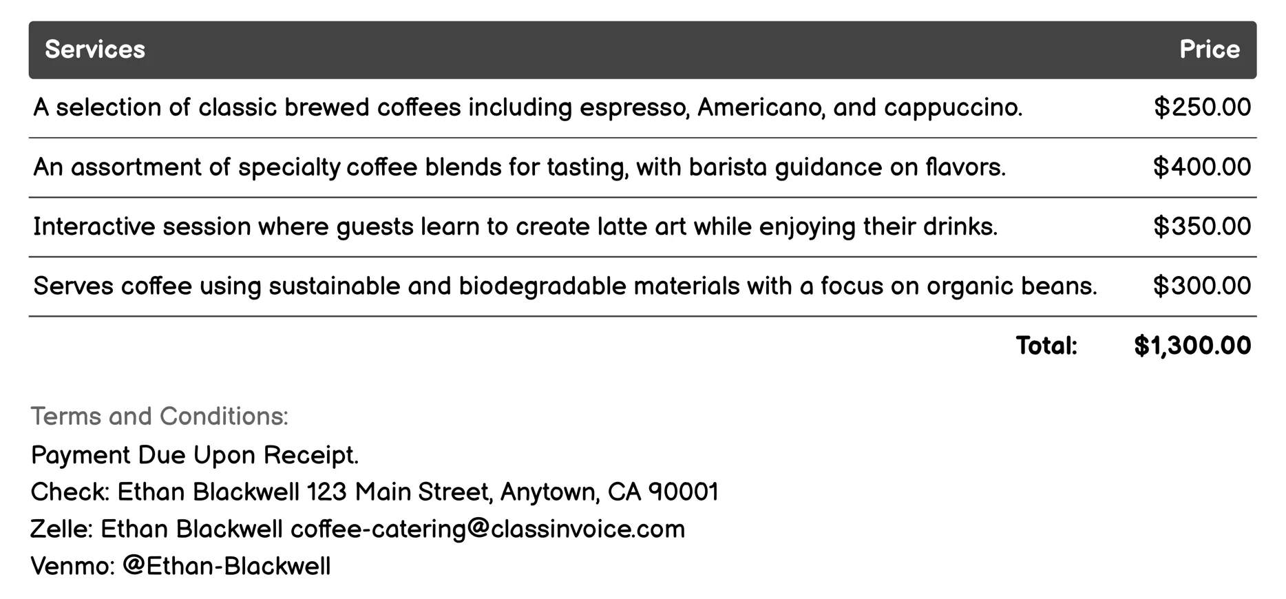 Customizable Coffee Menus Invoice Example