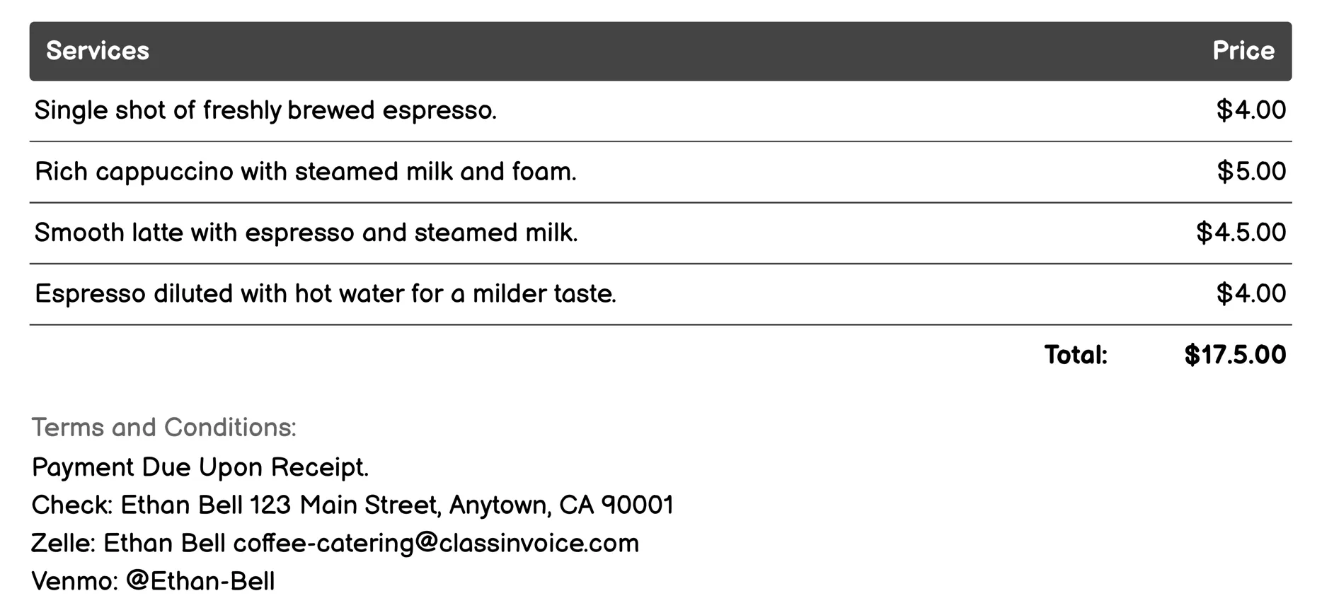 Espresso and Latte Services Invoice Example