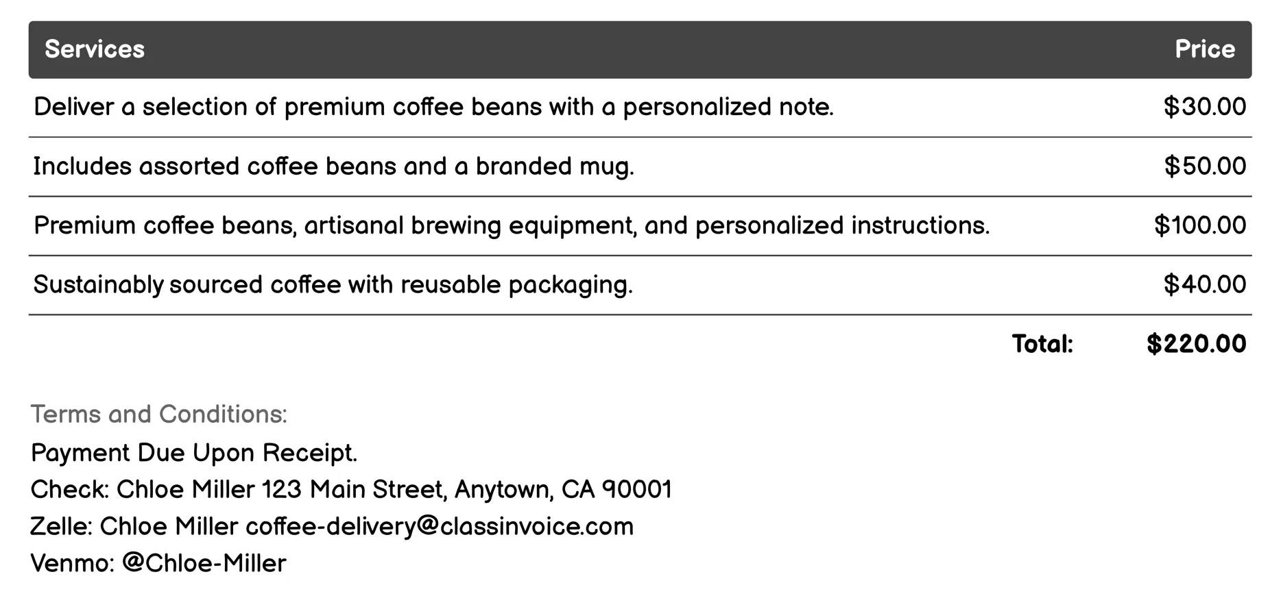 Gift Coffee Delivery Invoice Example