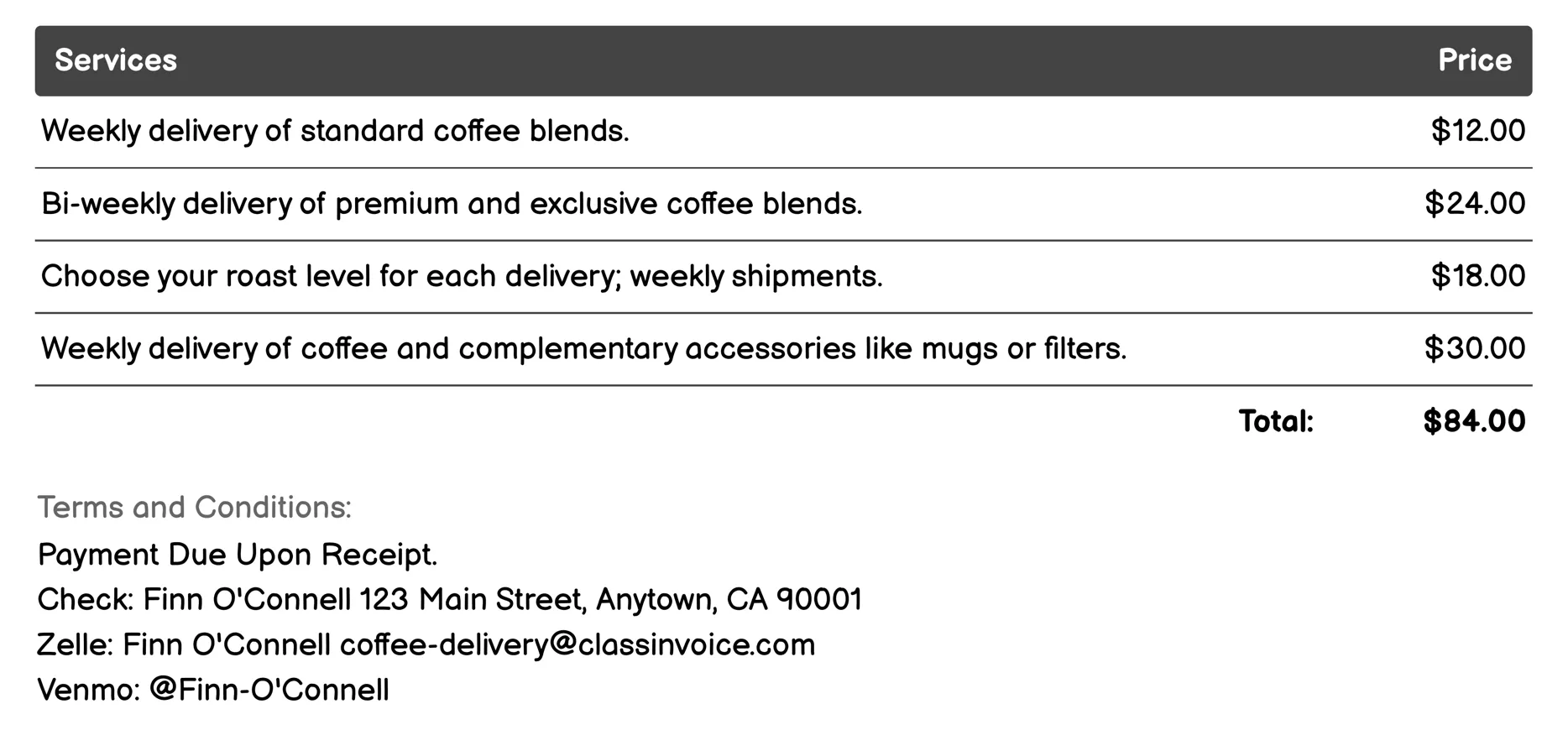 Subscription-Based Coffee Delivery Invoice Example
