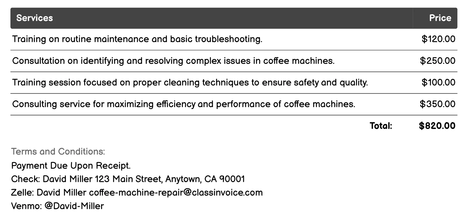 Training and Consultation Invoice Example