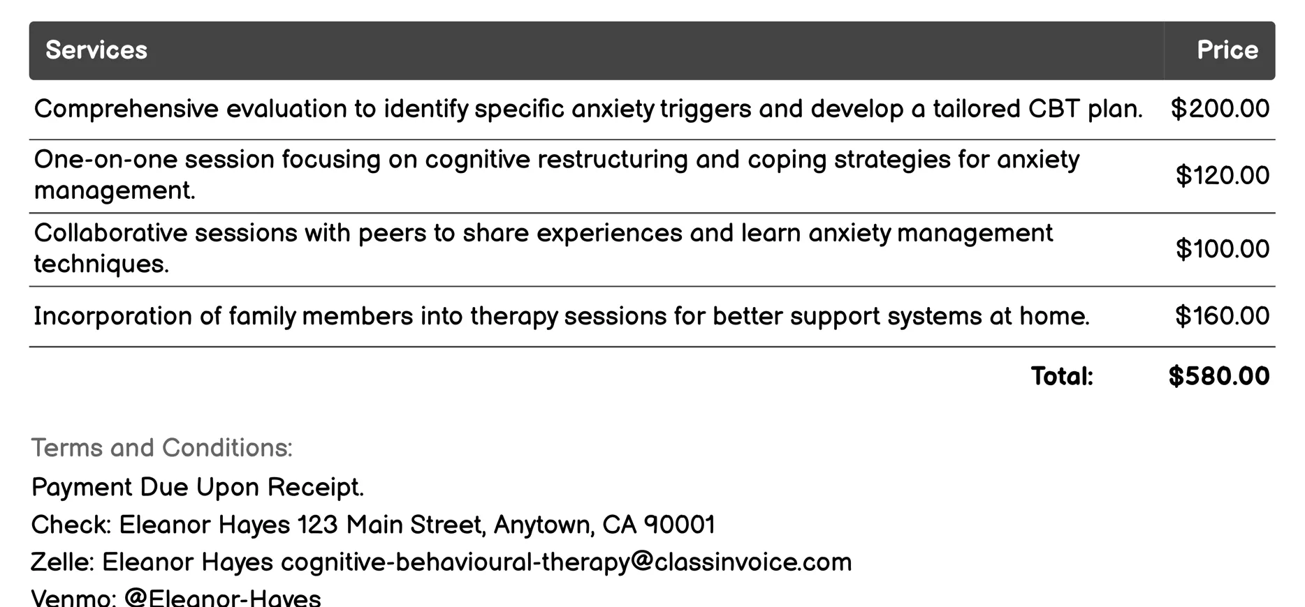 CBT for Anxiety Disorders Invoice Example