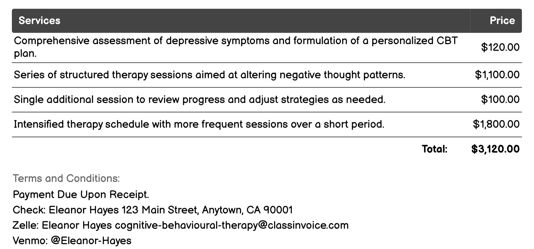 CBT for Depression Invoice Example