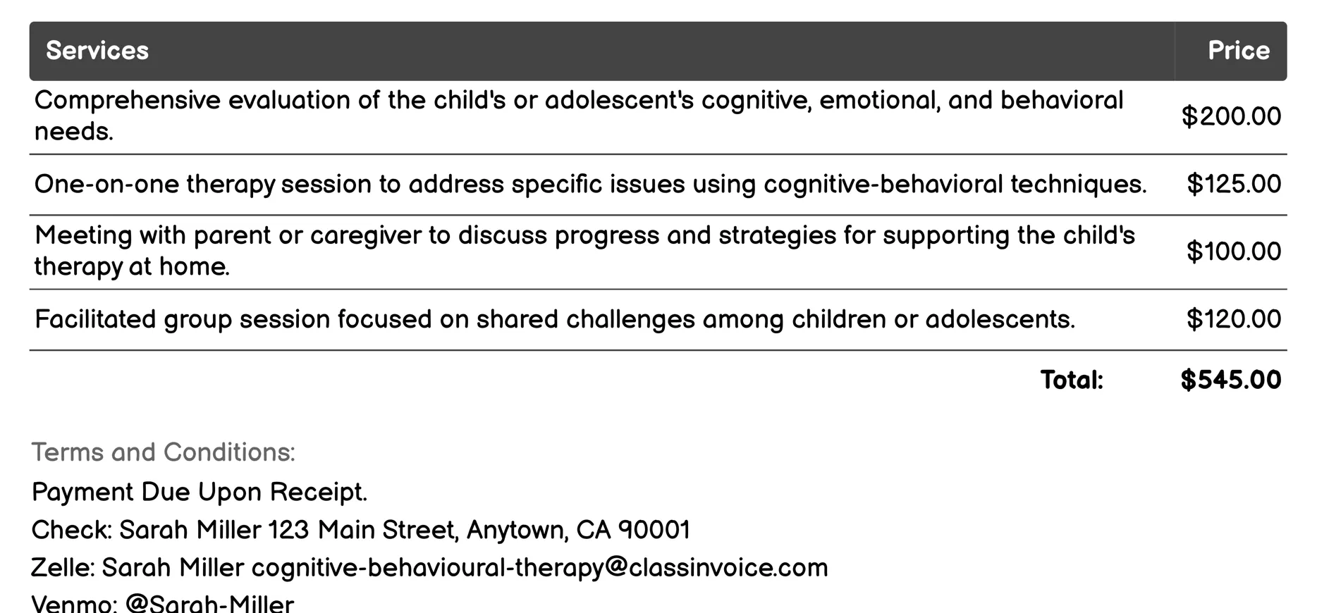 Child and Adolescent CBT Invoice Example
