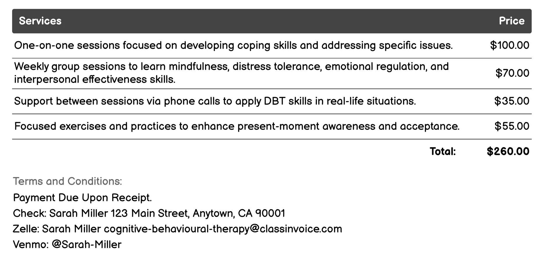 Dialectical Behavior Therapy (DBT) Invoice Example