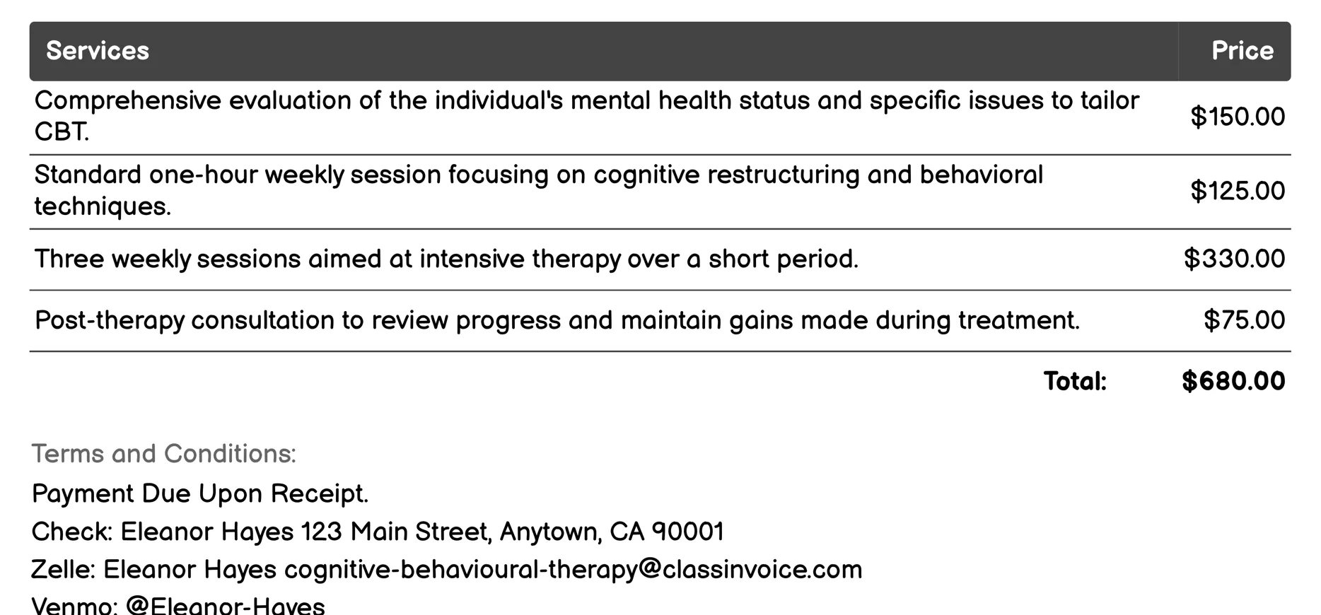 Individual CBT Invoice Example