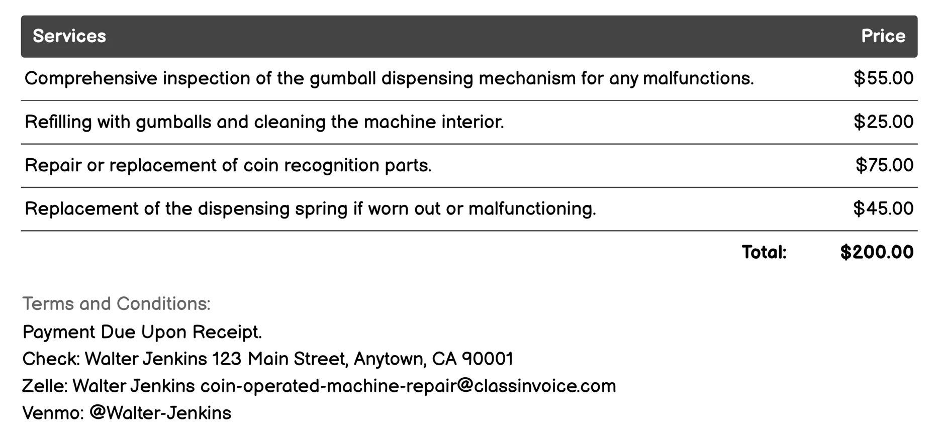 Gumball Machine Servicing Invoice Example