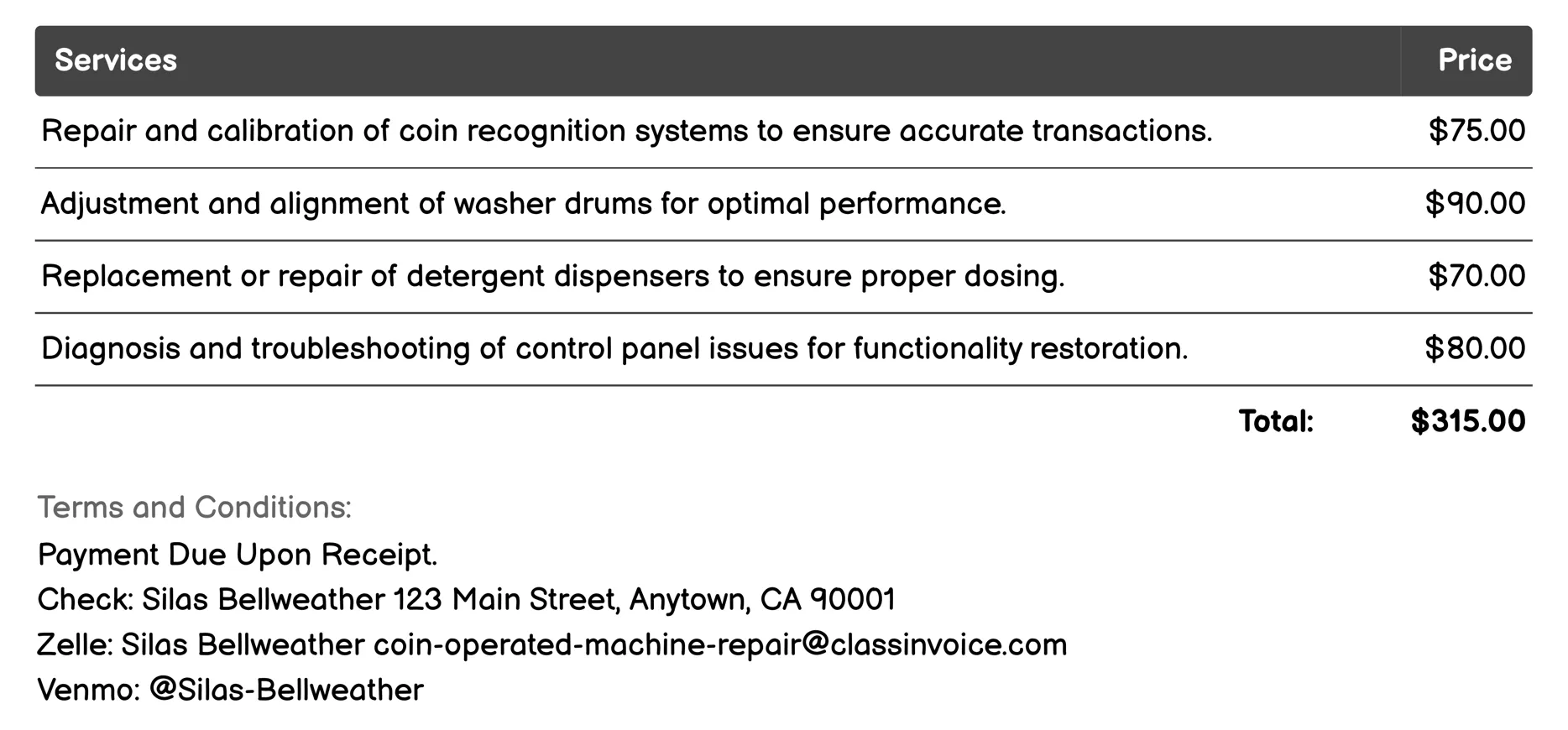 Laundry Machine Maintenance Invoice Example