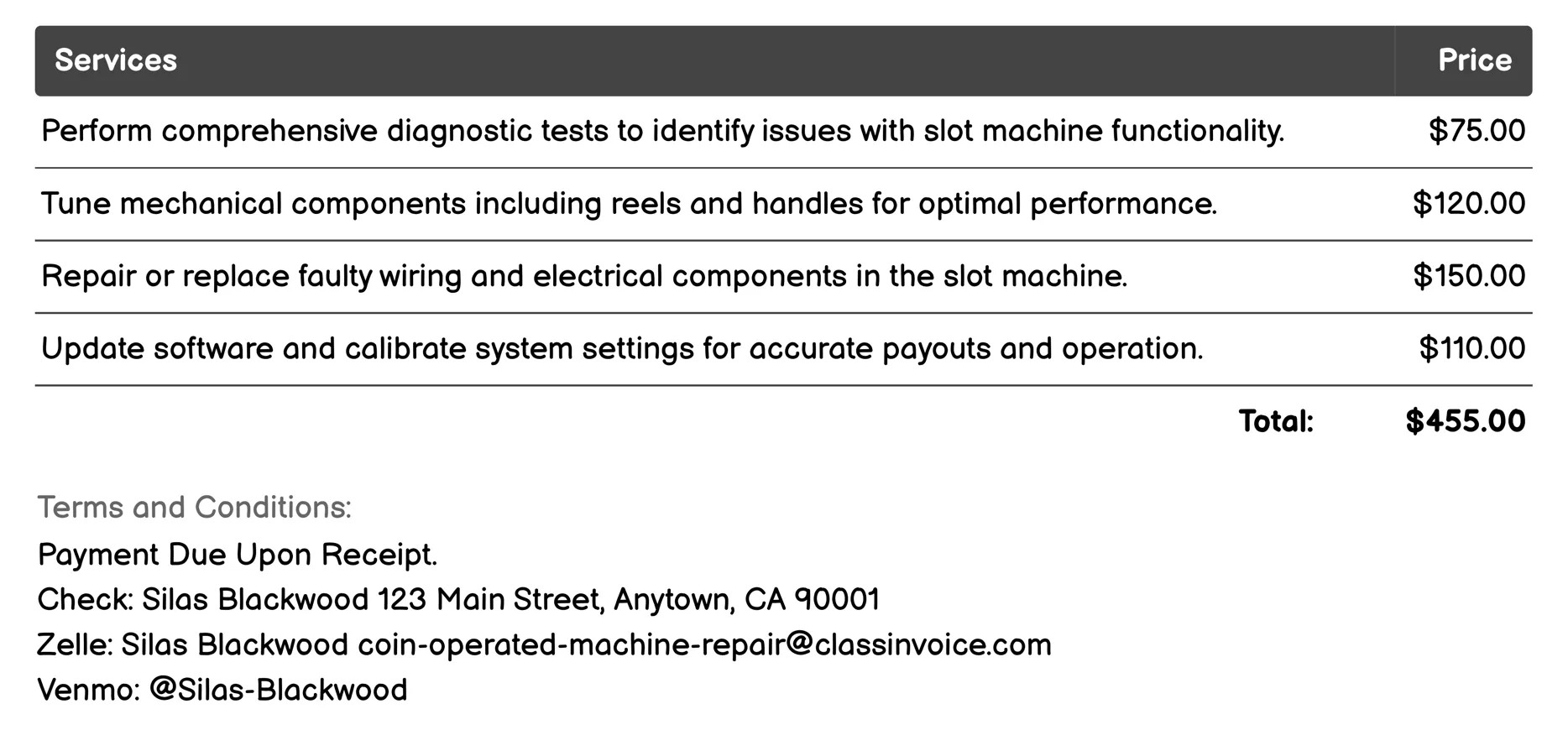 Slot Machine Repair Invoice Example