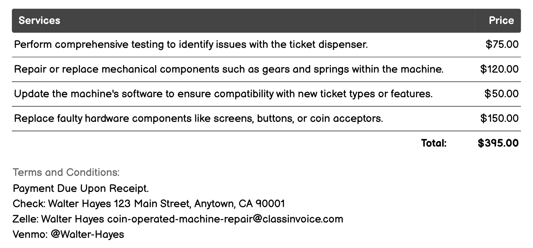 Ticket Dispenser Repair Invoice Example
