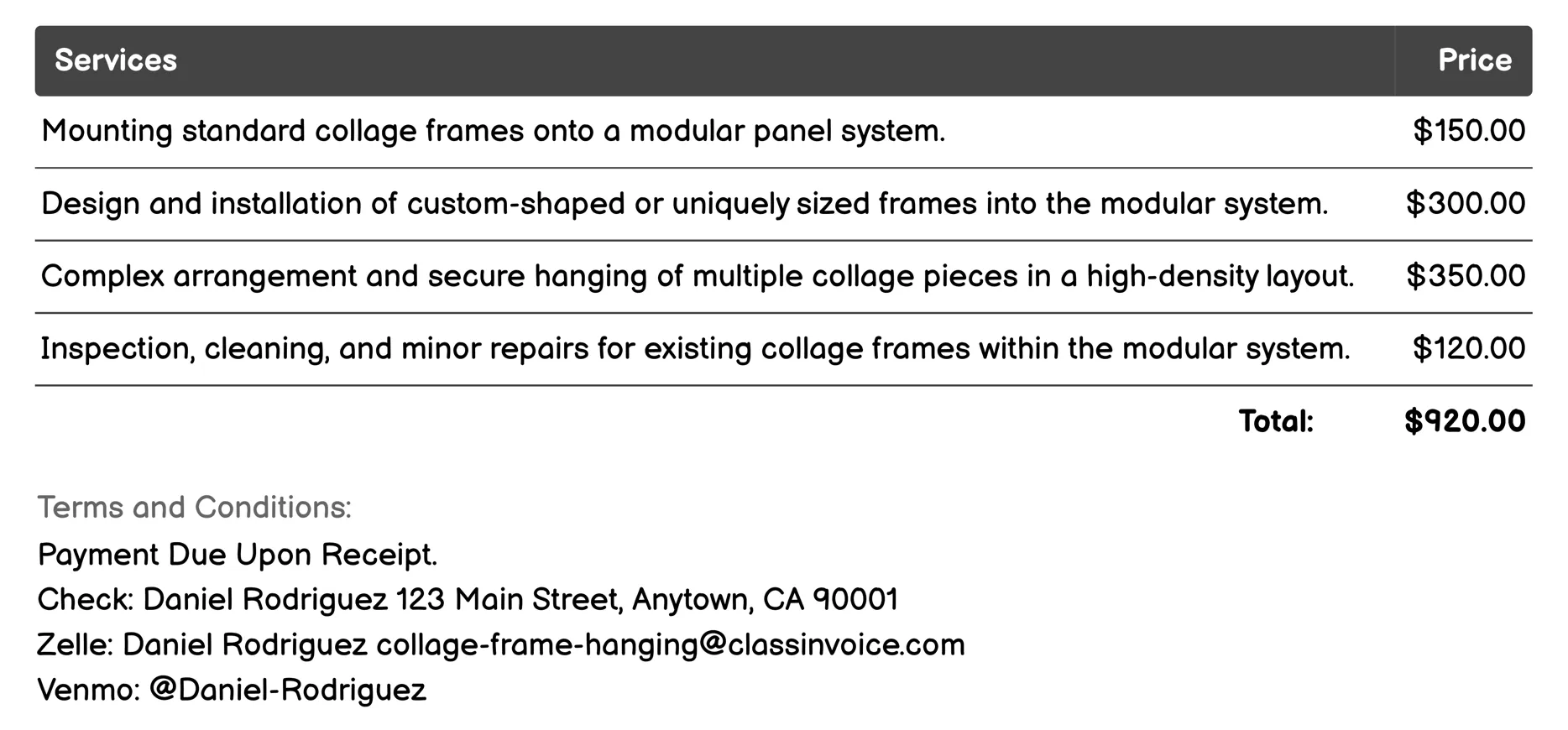Modular Panel System Invoice Example