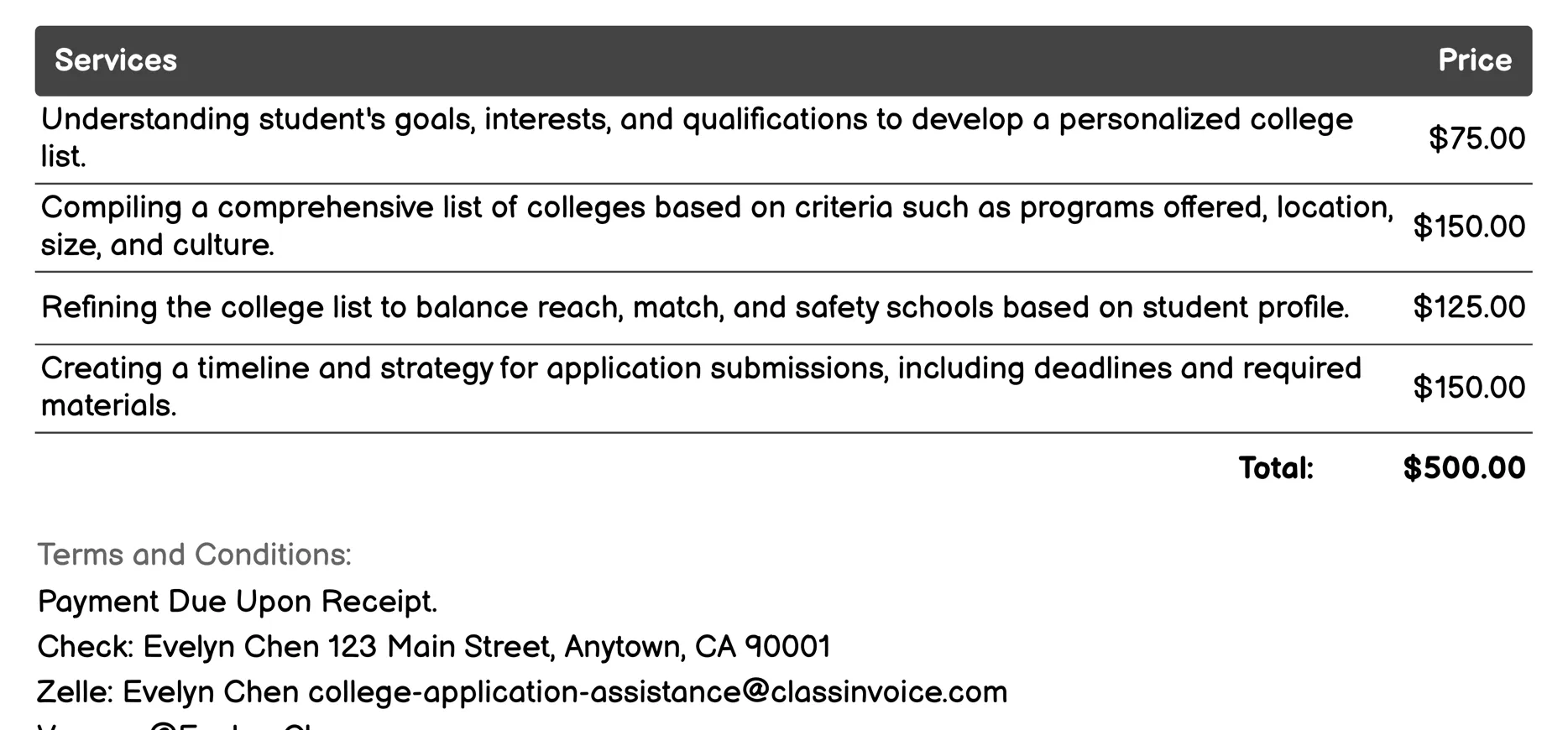 College List Development Invoice Example