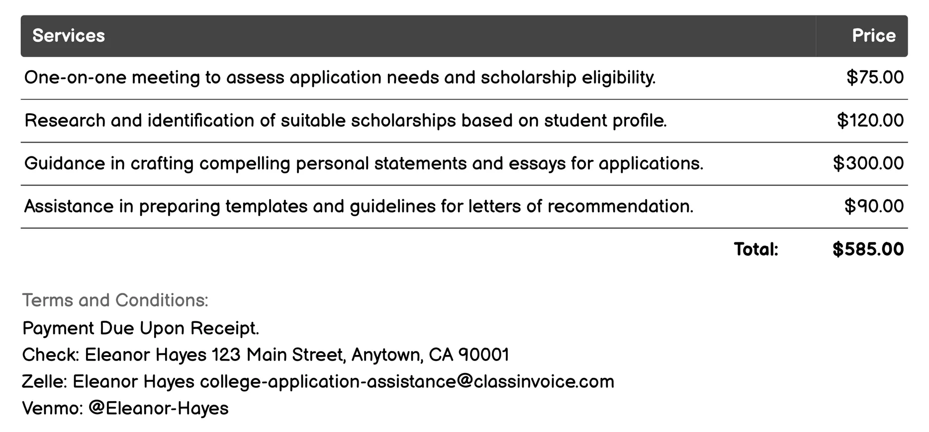 Scholarship Research Invoice Example