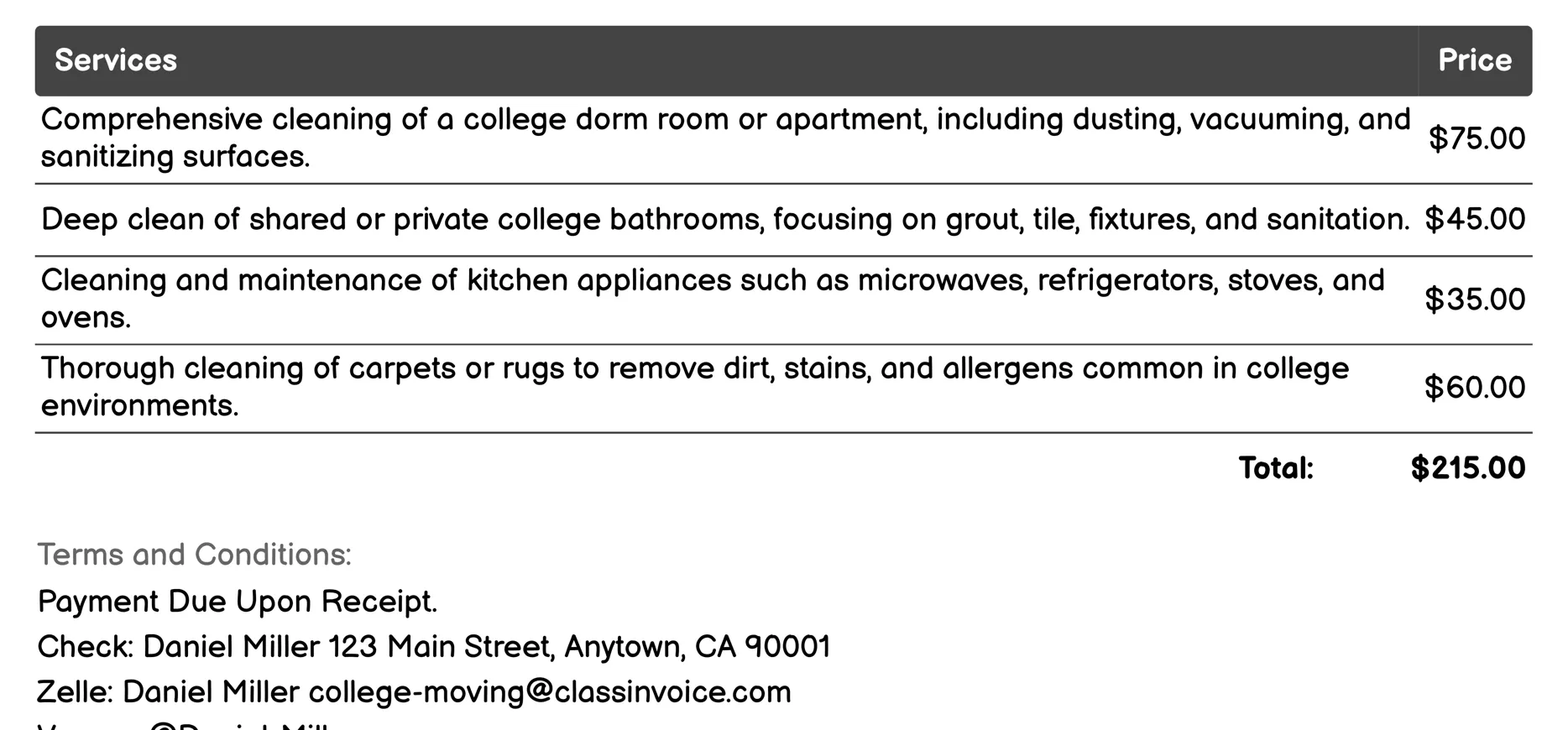 Cleaning Services Invoice Example