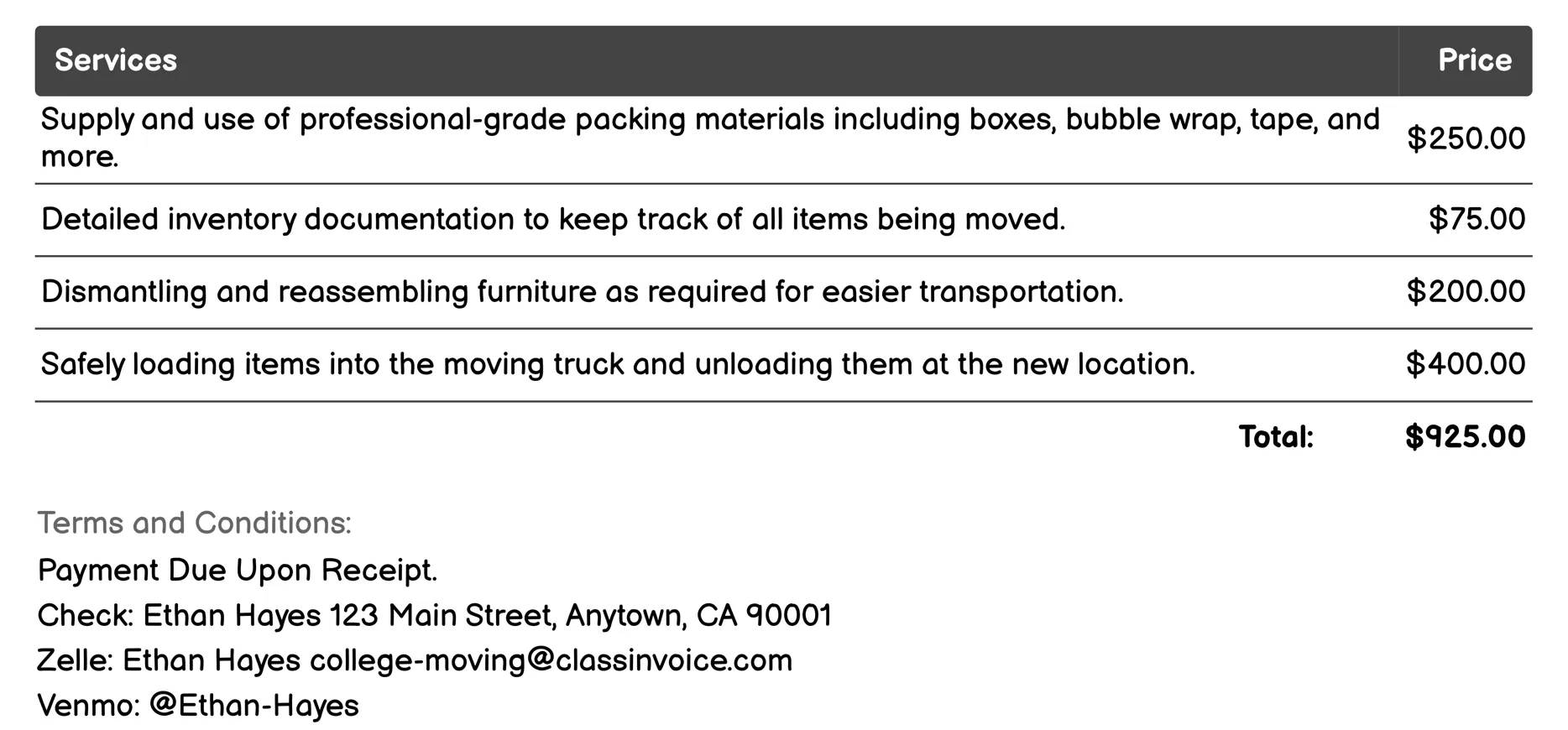 Full-Service Move Invoice Example
