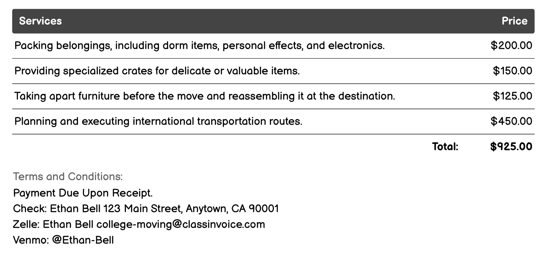 International Moving Services Invoice Example