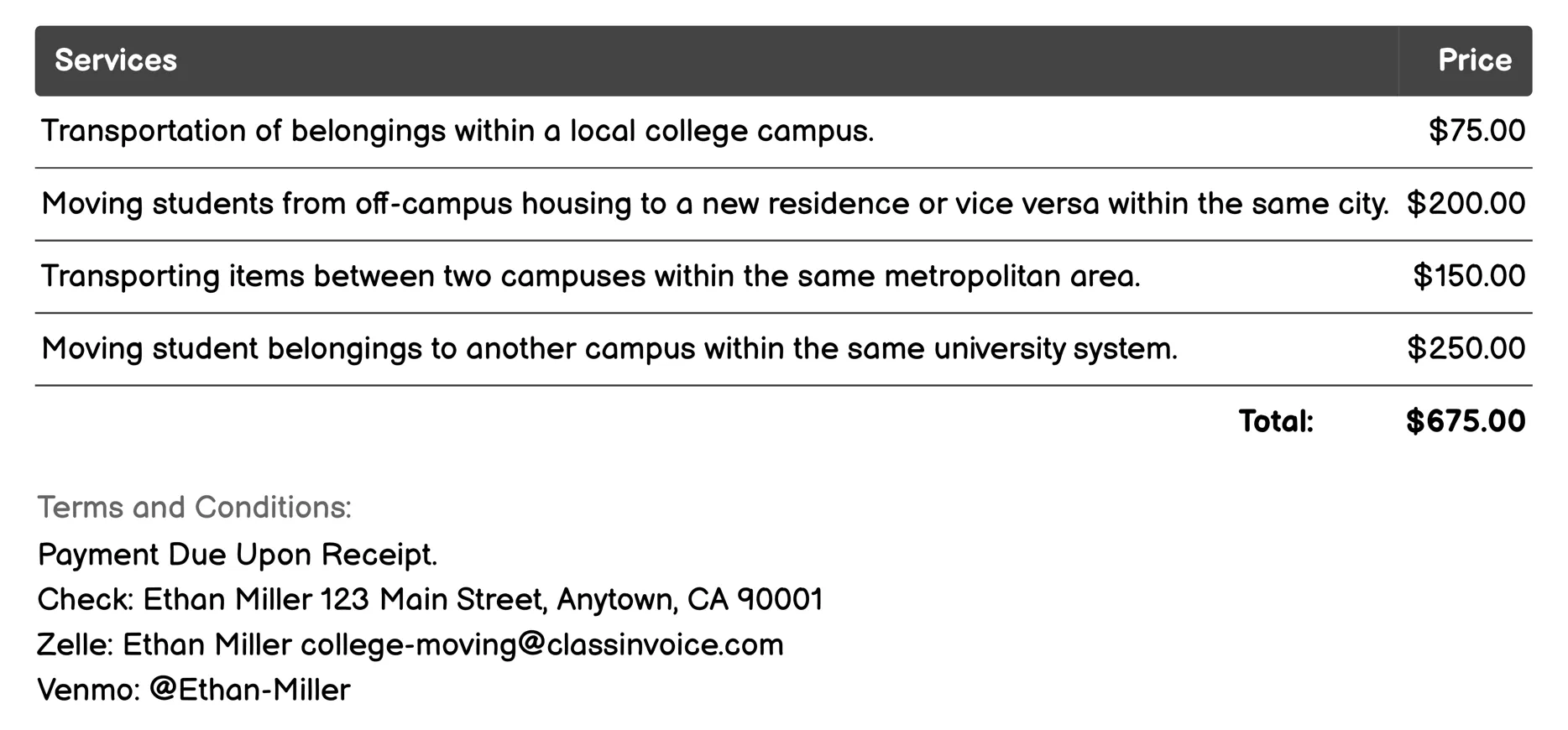 Transportation Only Invoice Example