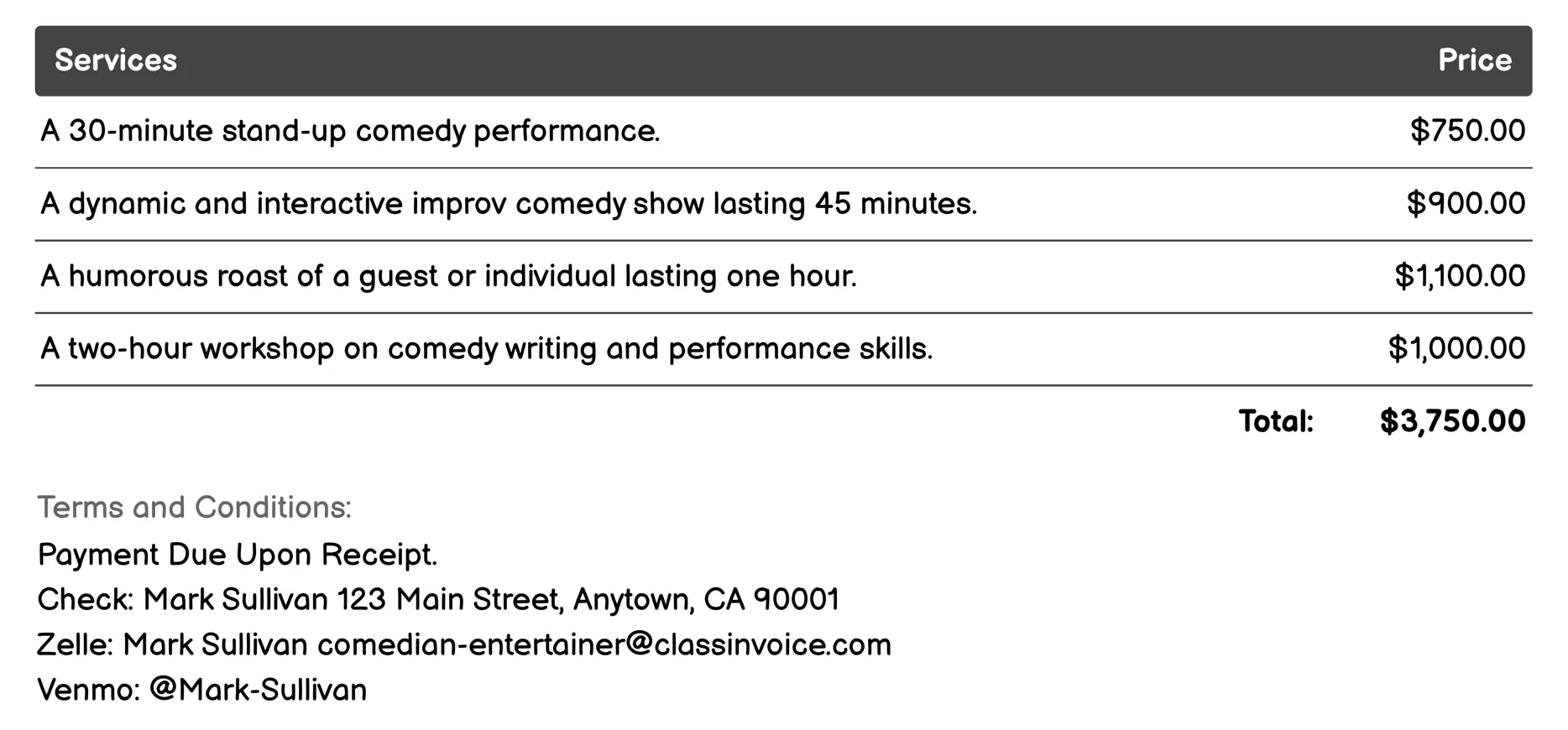 Comedy Shows Invoice Example