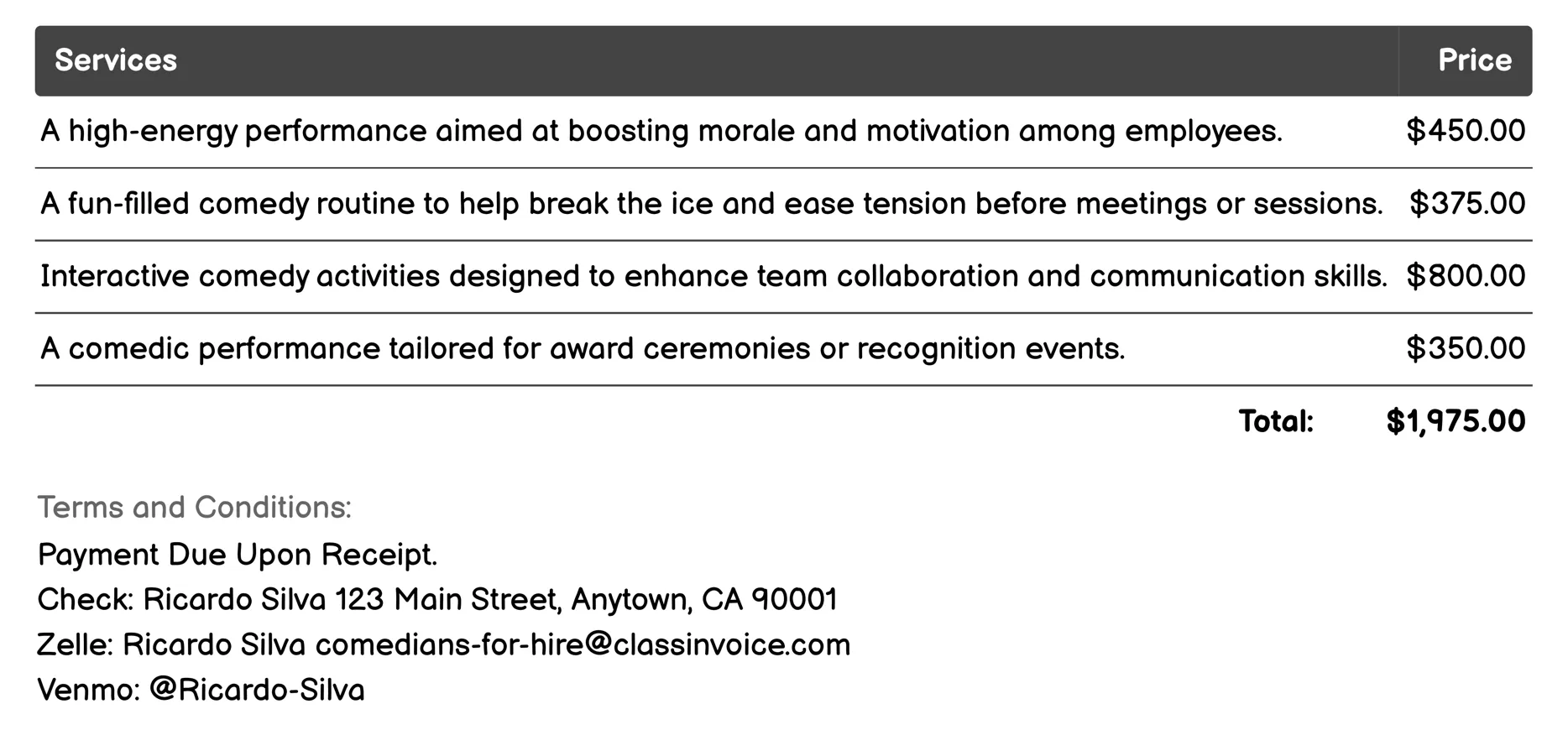 Corporate Events Invoice Example