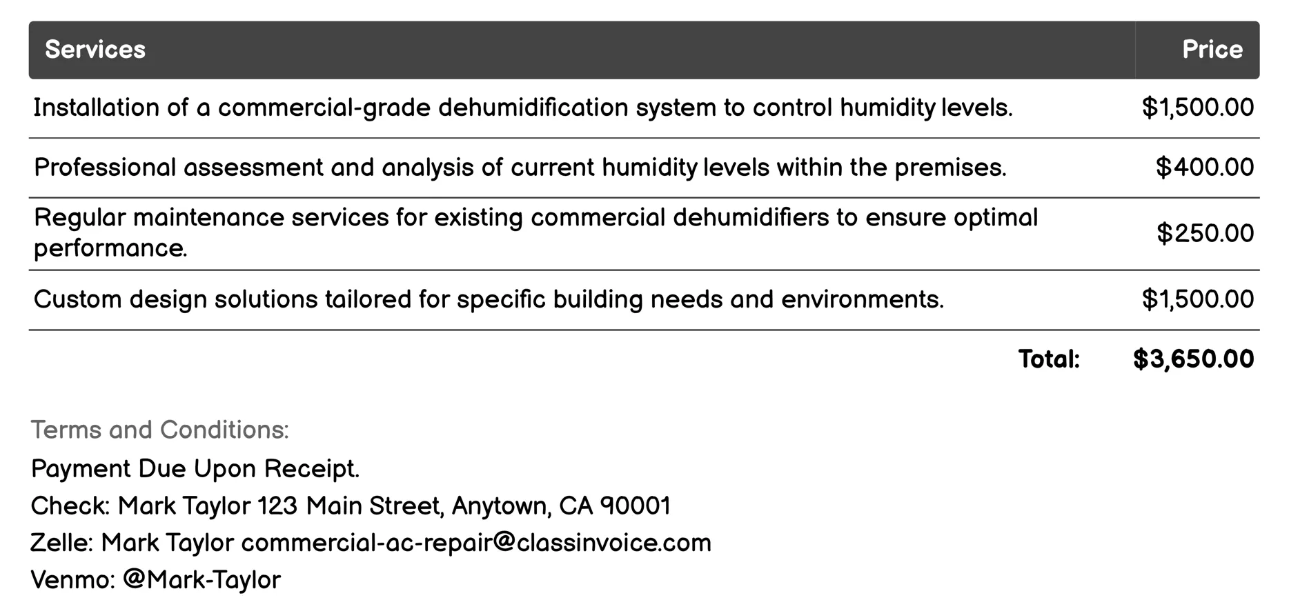 Dehumidification Services Invoice Example