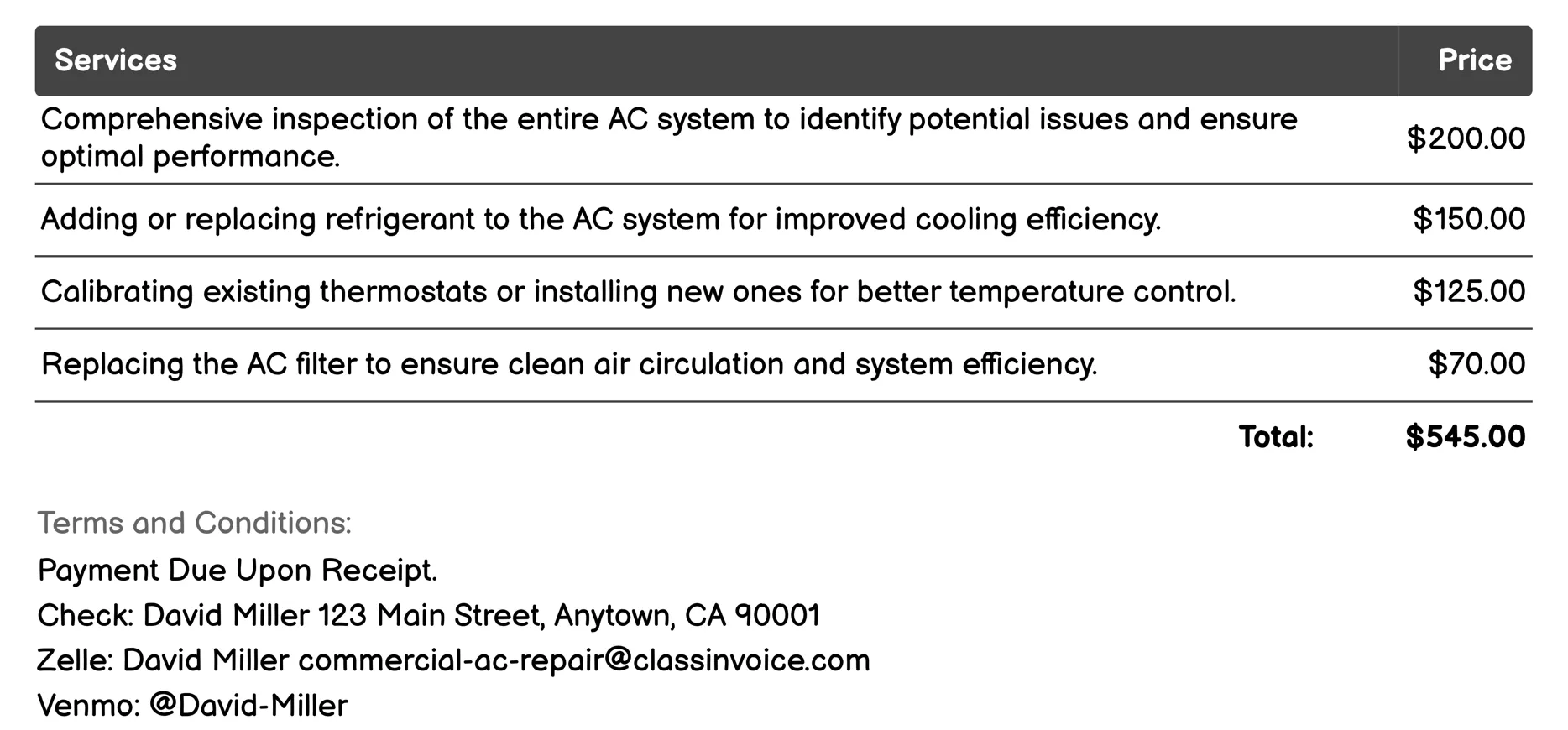 HVAC Maintenance Invoice Example