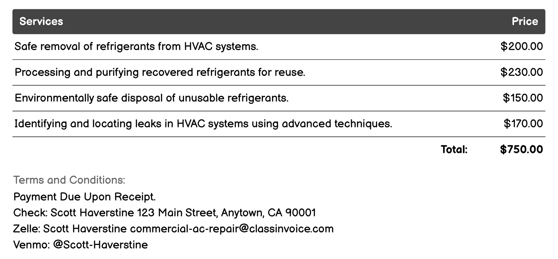Refrigerant Recovery & Recycling Invoice Example