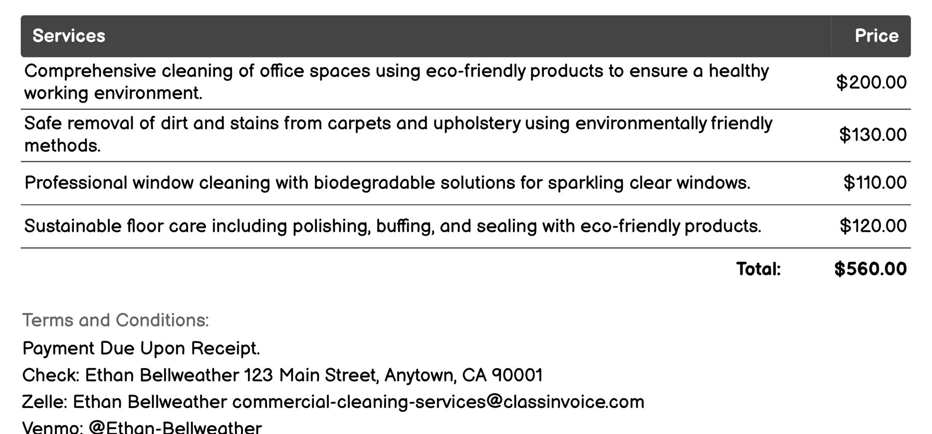 Eco-Friendly Cleaning Invoice Example