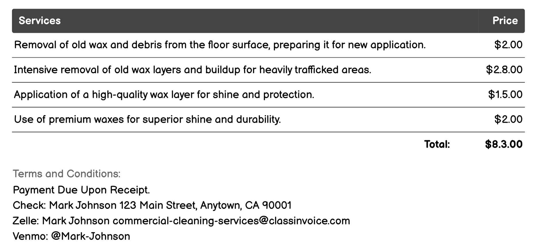 Floor Stripping and Waxing Invoice Example