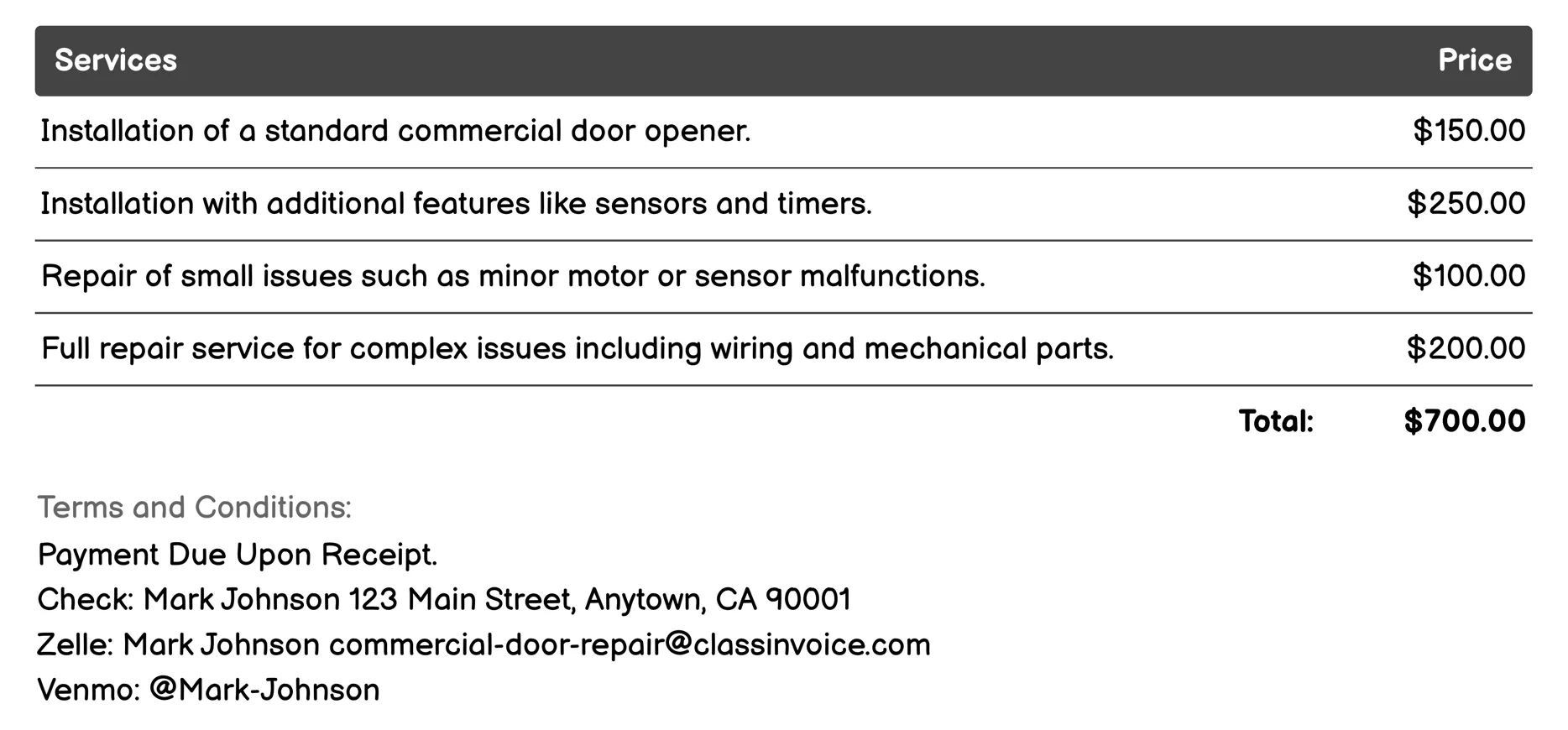 Door Opener Installation and Repair Invoice Example