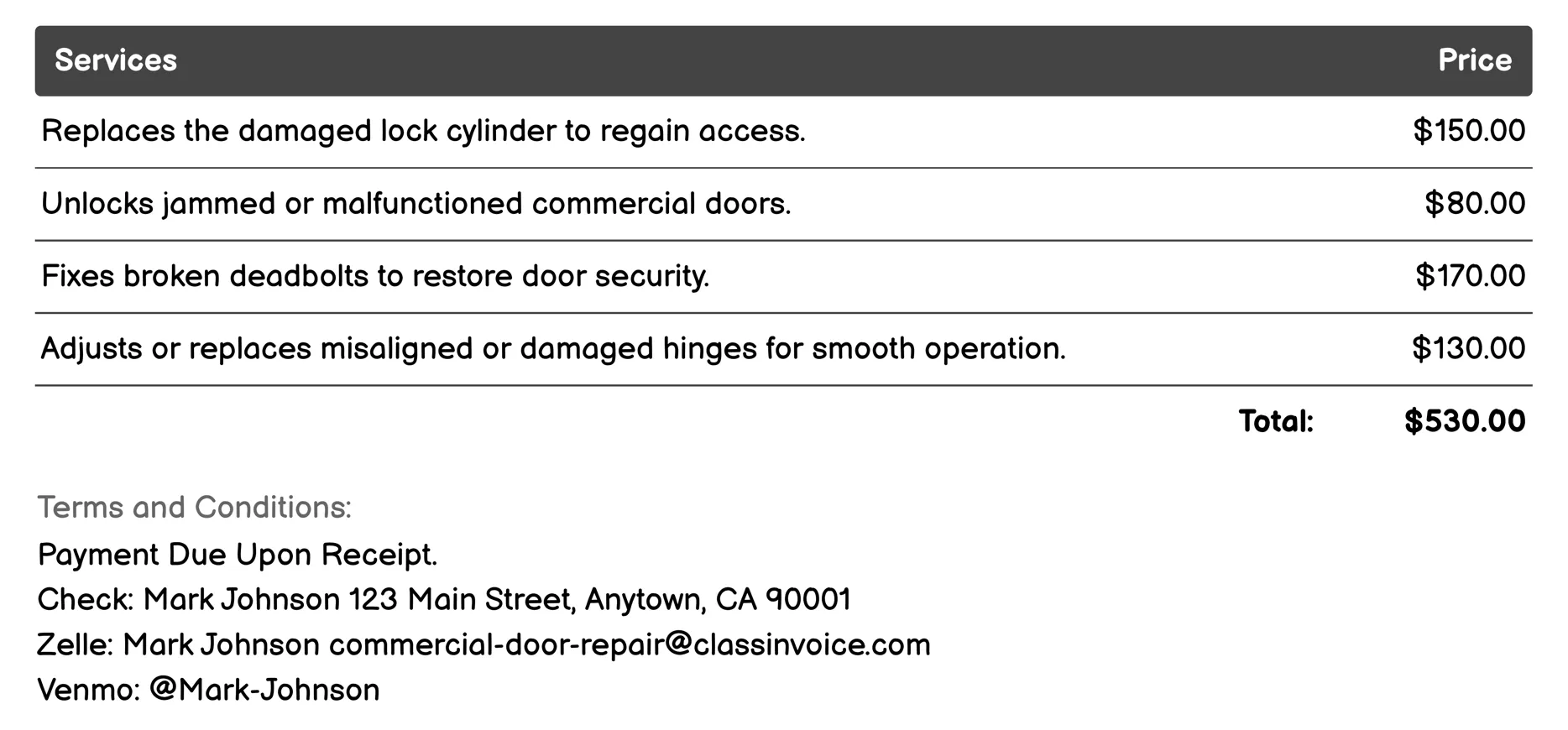 Emergency Lockout Services Invoice Example
