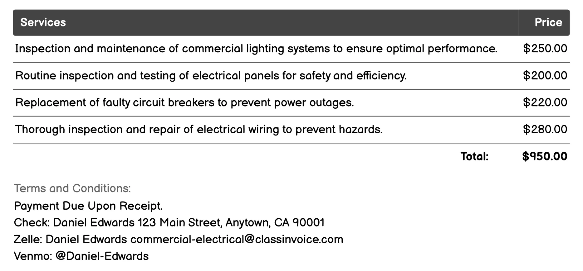 Electrical Maintenance Services Invoice Example