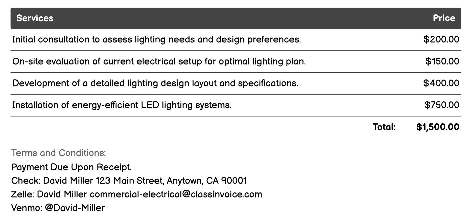 Lighting Design and Installation Invoice Example