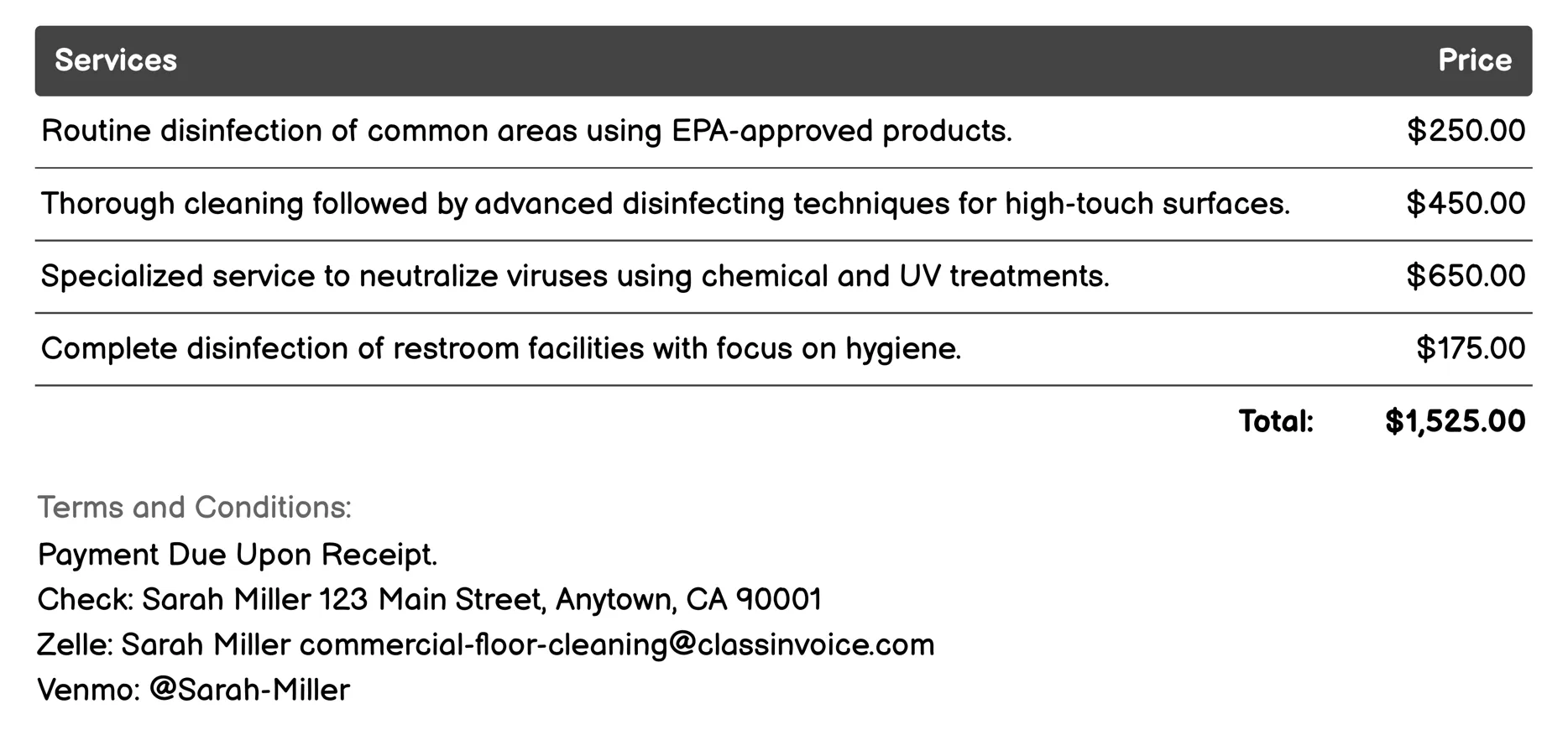 Disinfecting Services Invoice Example