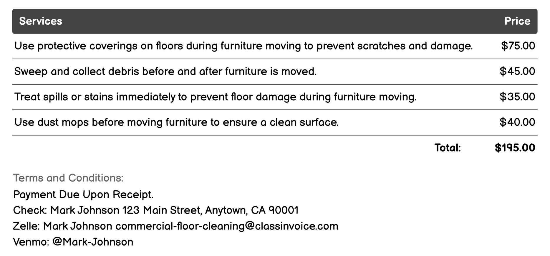 Furniture Moving Invoice Example