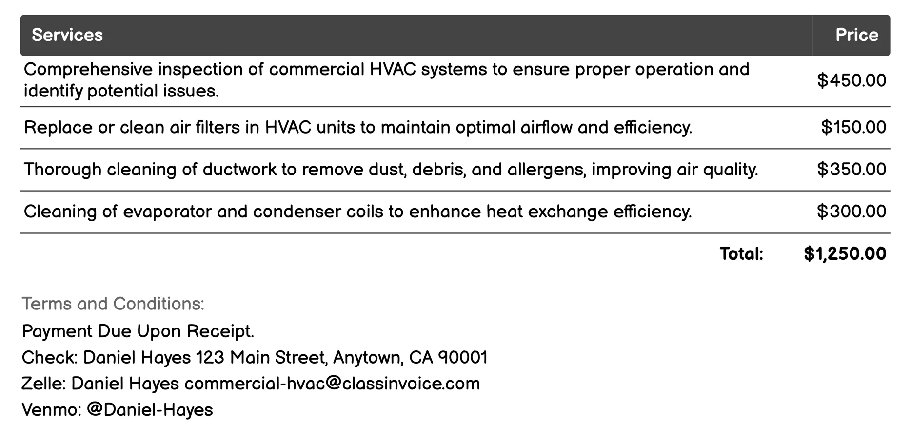 Maintenance Invoice Example